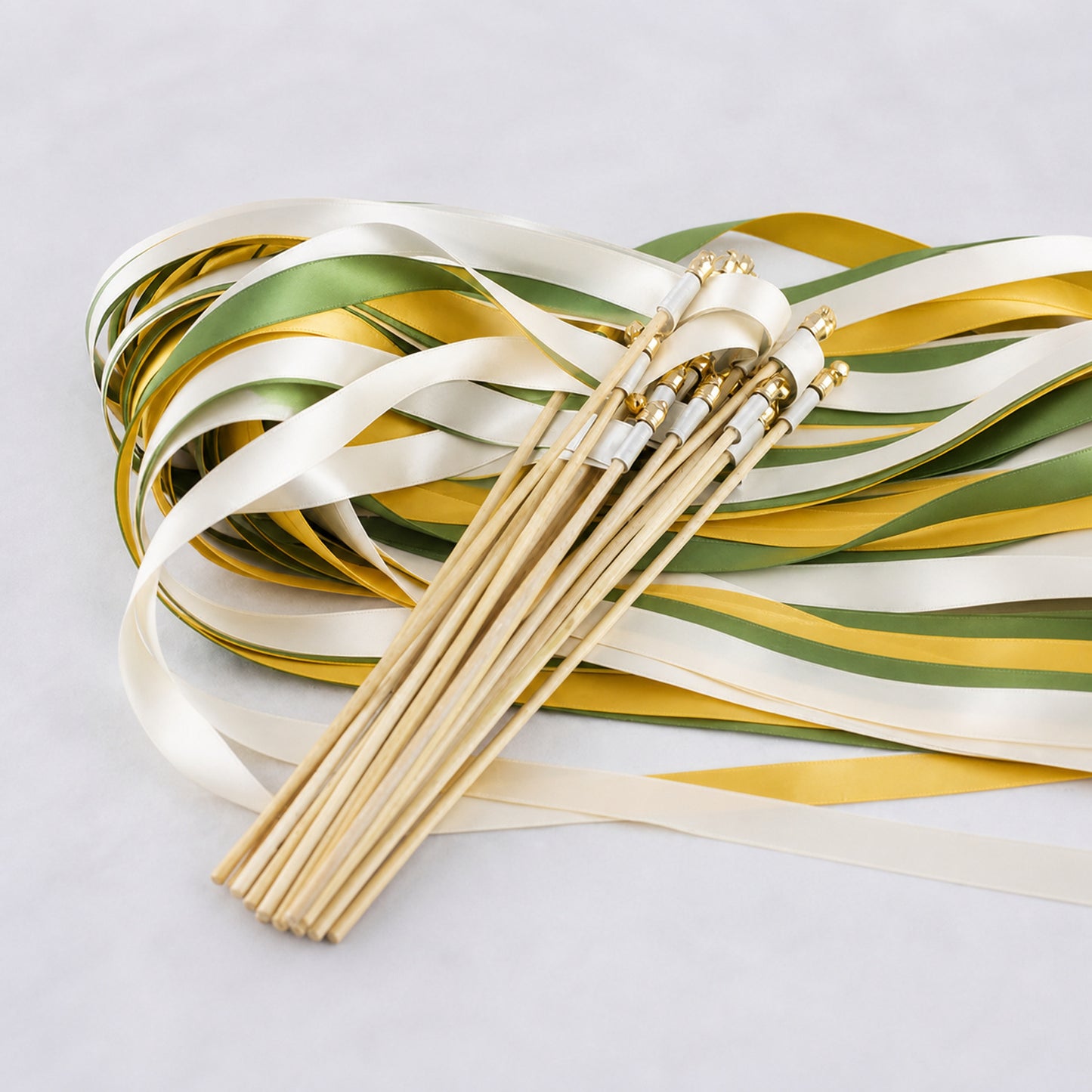 Sunflower Meadow Wedding Ribbon Wands with Bell - Off White, Green and Golden Yellow