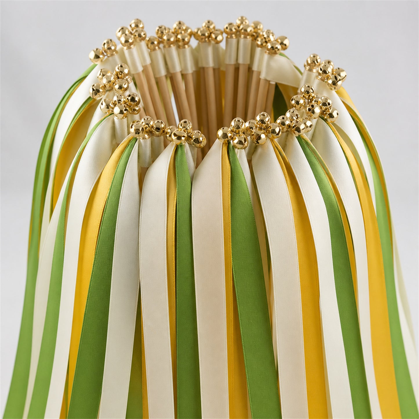 Sunflower Meadow Wedding Ribbon Wands with Bell - Off White, Green and Golden Yellow