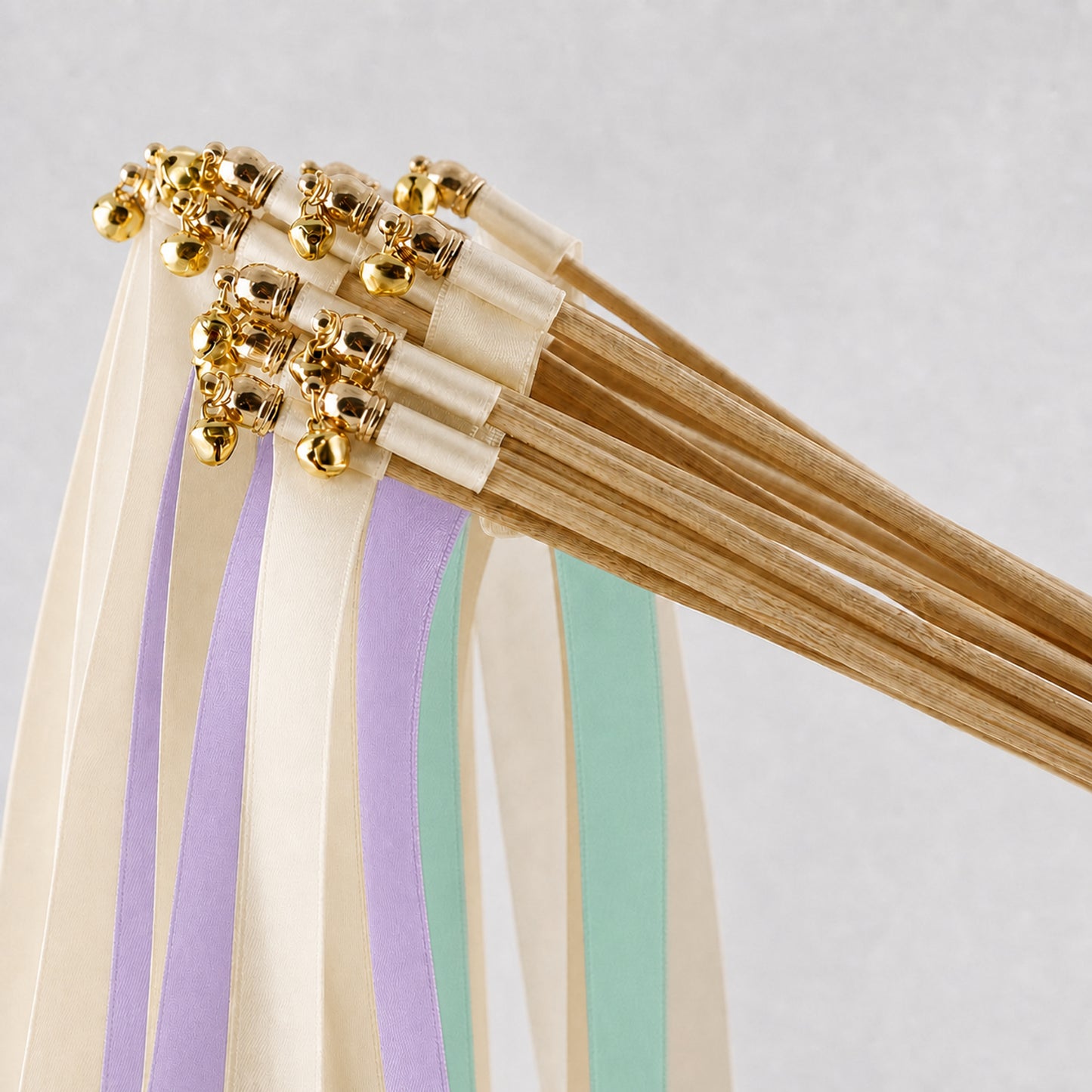 Orchid Mint Wedding Ribbon Wands - Off White Triple Satin Ribbon with Gold Bell