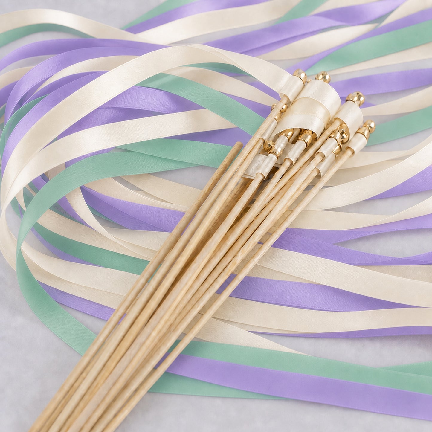 Orchid Mint Wedding Ribbon Wands - Off White Triple Satin Ribbon with Gold Bell