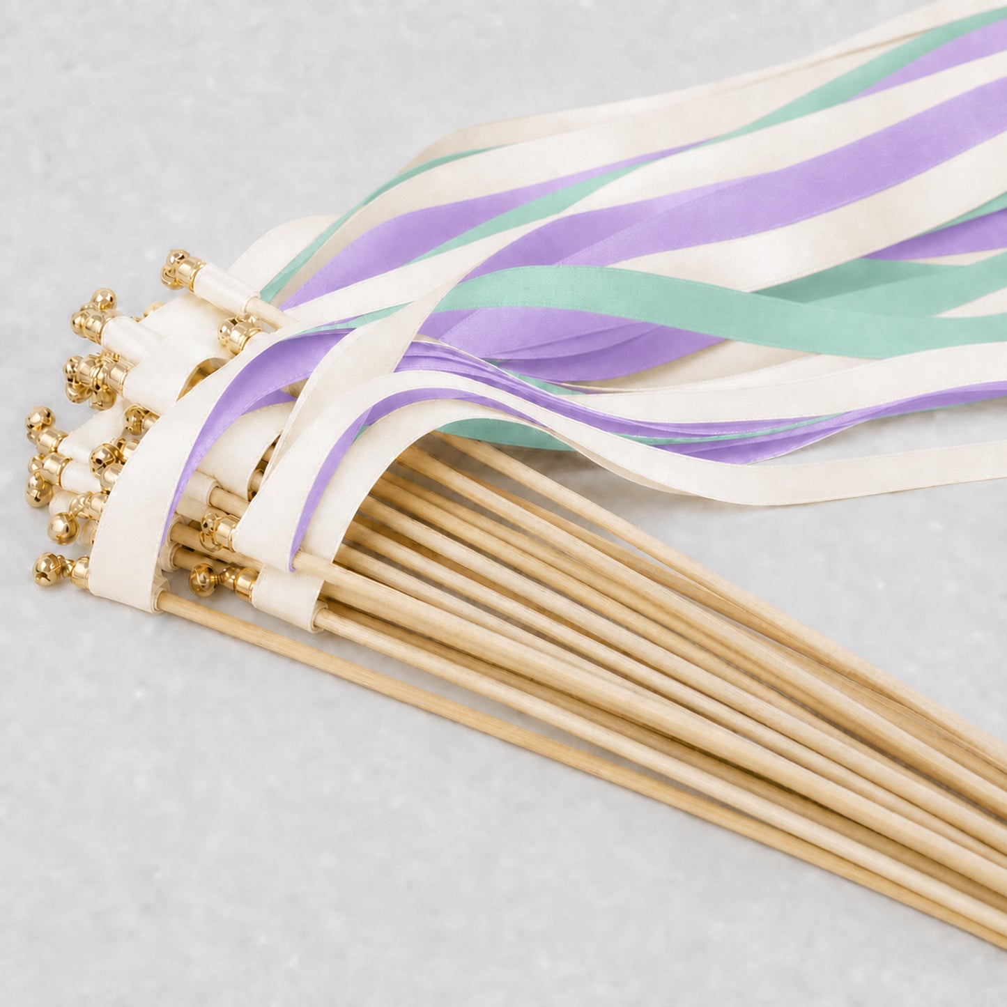 Orchid Mint Wedding Ribbon Wands - Off White Triple Satin Ribbon with Gold Bell
