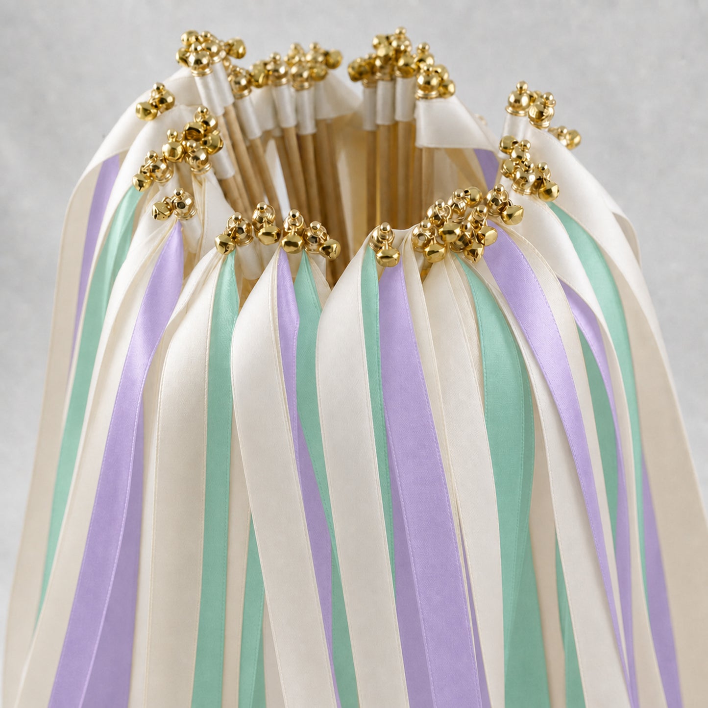 Orchid Mint Wedding Ribbon Wands - Off White Triple Satin Ribbon with Gold Bell