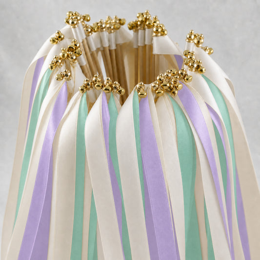 Orchid Mint Wedding Ribbon Wands - Off White Triple Satin Ribbon with Gold Bell