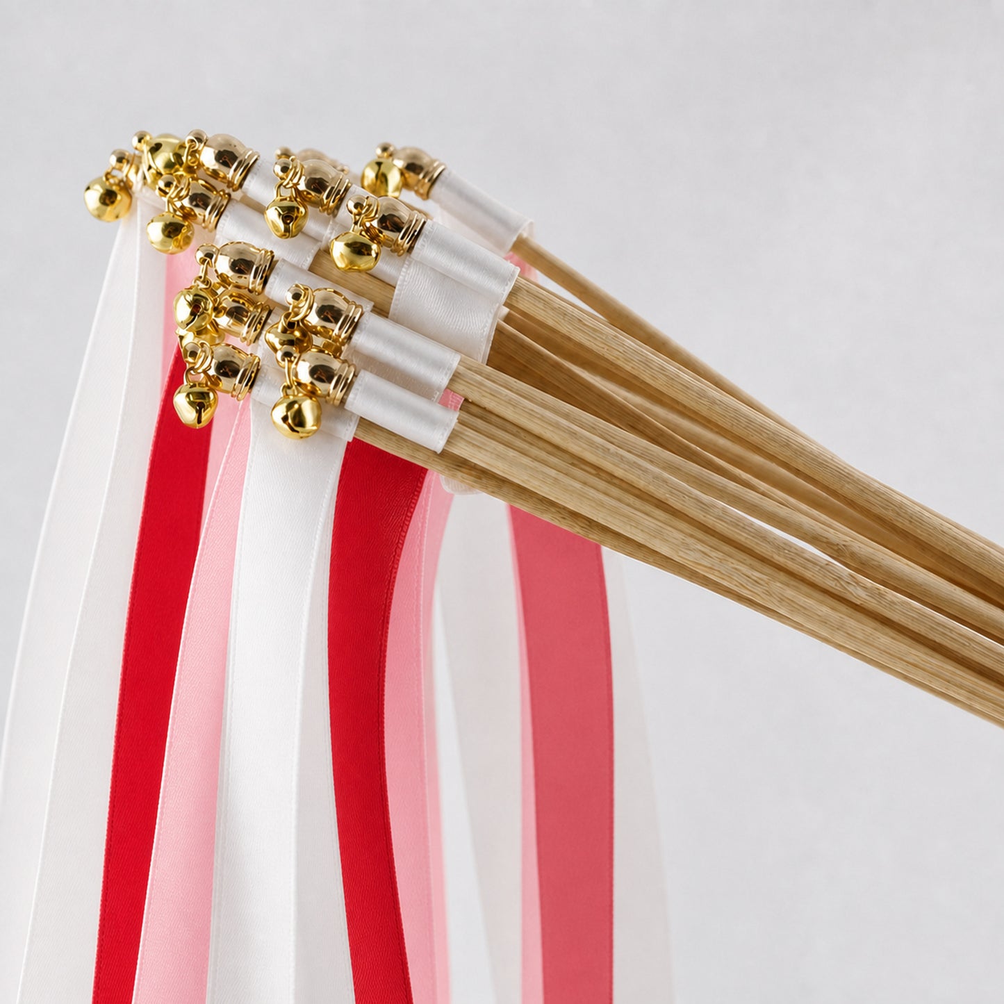 Handmade Scarlet Pink Fiesta Wedding Ribbon Wands with Bell - White, Scarlet and Pink