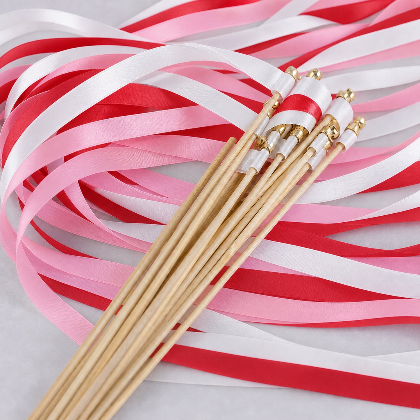 Handmade Scarlet Pink Fiesta Wedding Ribbon Wands with Bell - White, Scarlet and Pink