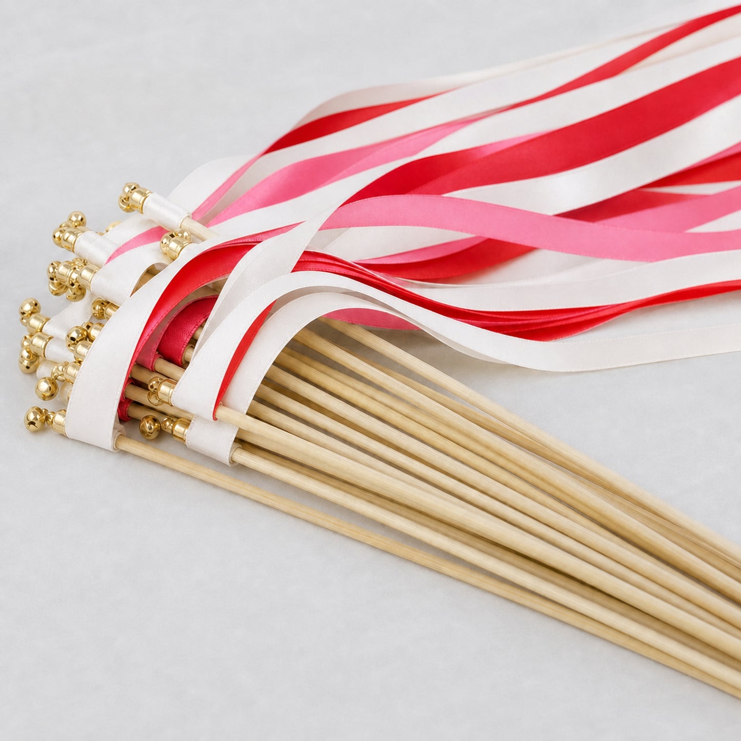 Handmade Scarlet Pink Fiesta Wedding Ribbon Wands with Bell - White, Scarlet and Pink