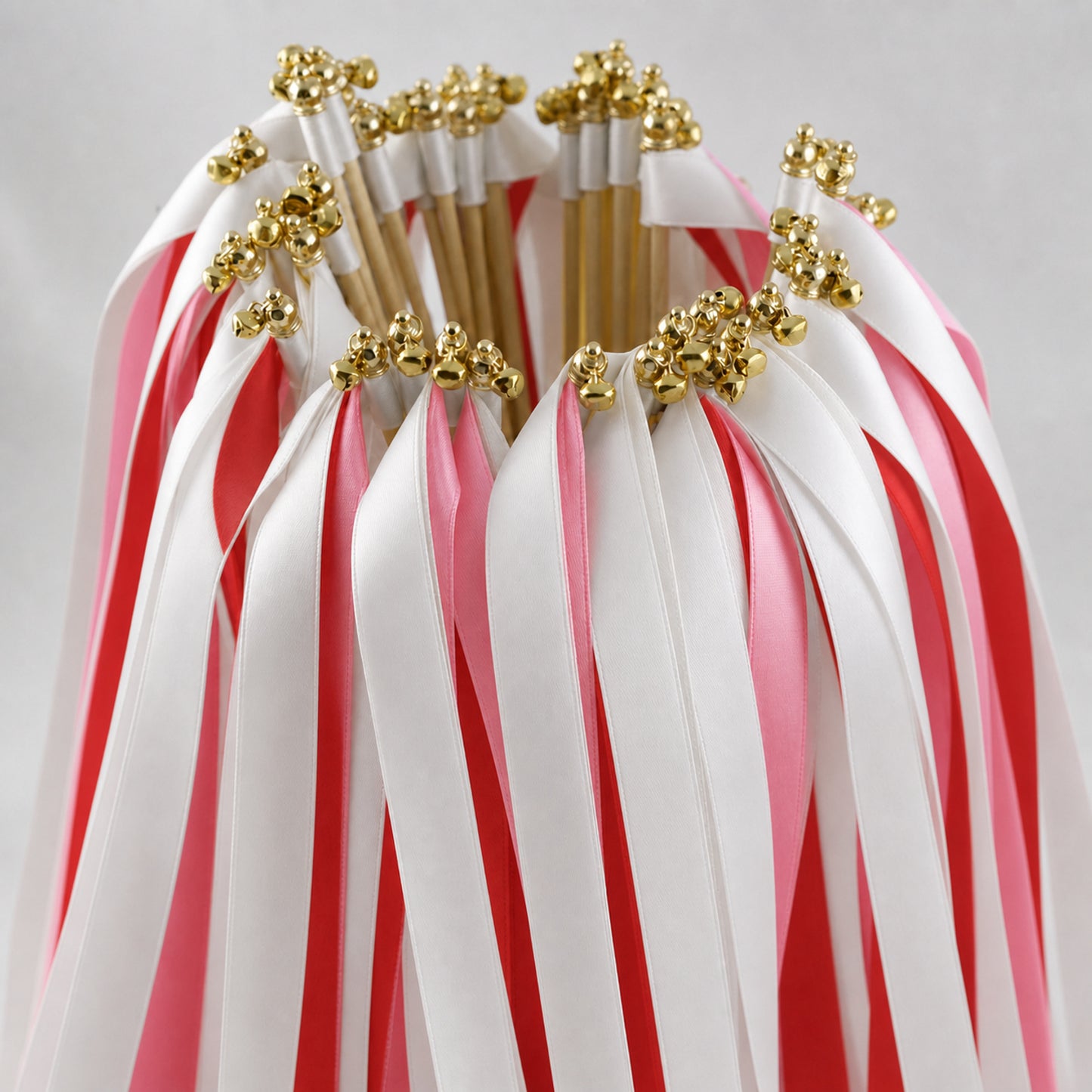 Handmade Scarlet Pink Fiesta Wedding Ribbon Wands with Bell - White, Scarlet and Pink