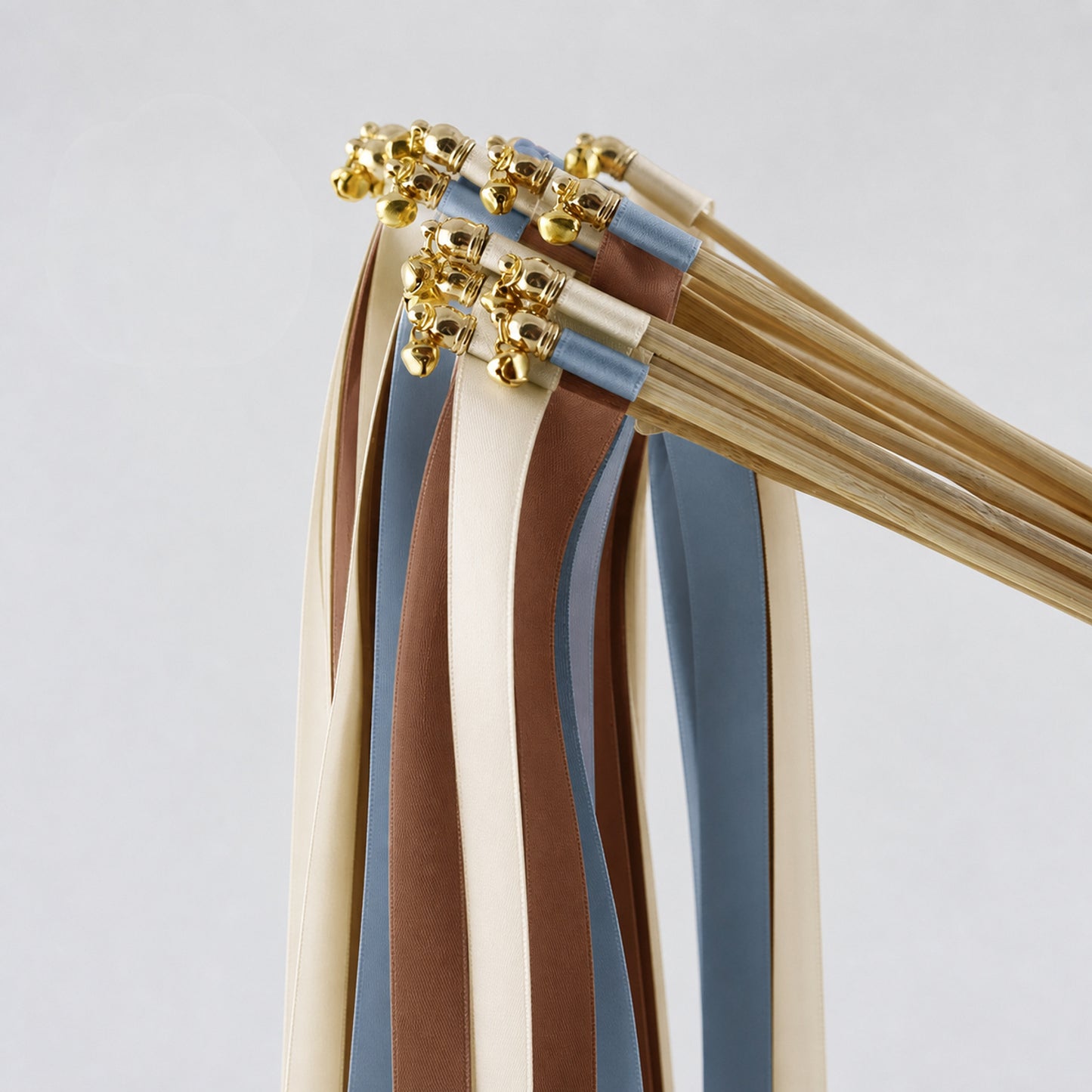 Cream, Cocoa and Dusty Blue Wedding Exit Ribbon Wands with Bell - Blue Cocoa