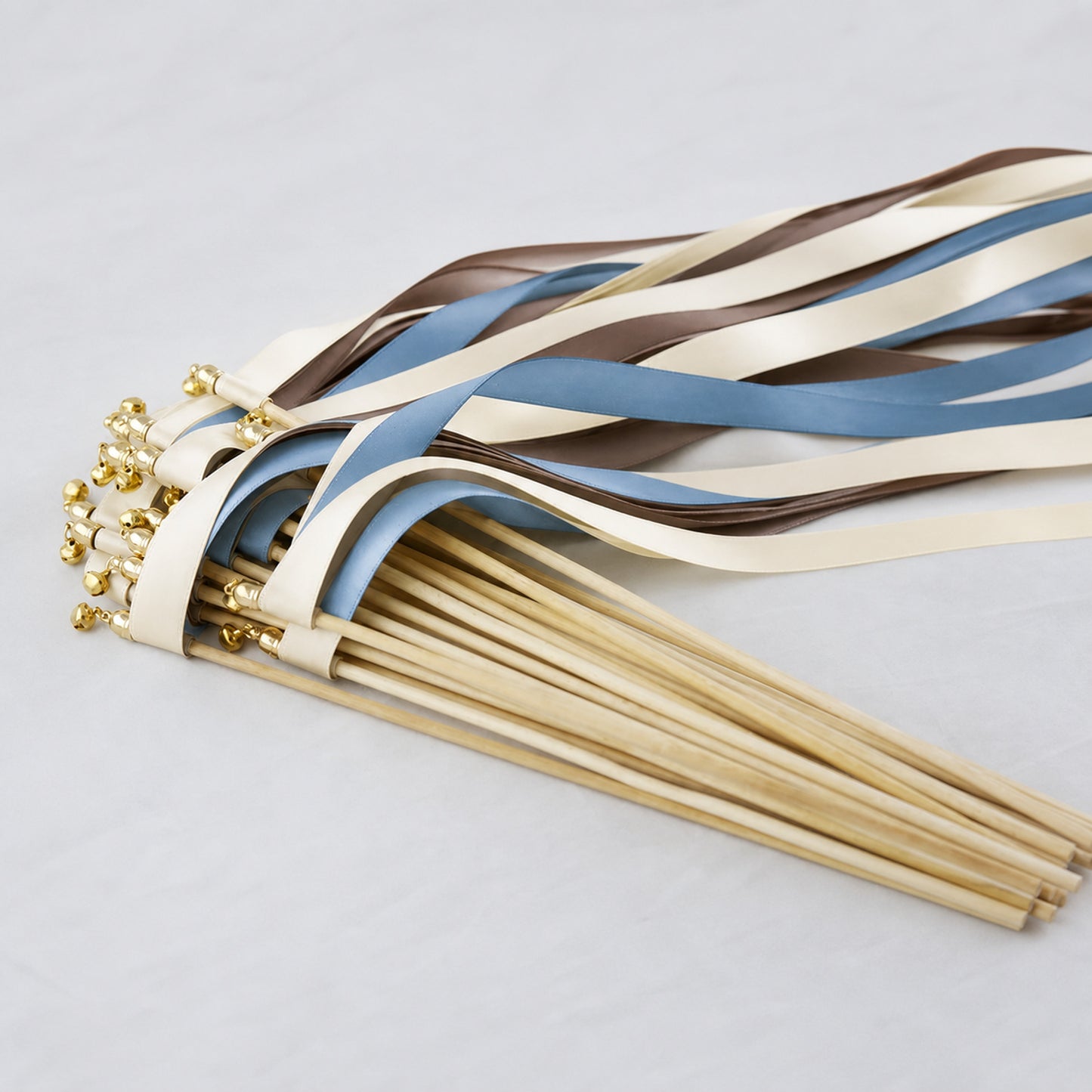Cream, Cocoa and Dusty Blue Wedding Exit Ribbon Wands with Bell - Blue Cocoa
