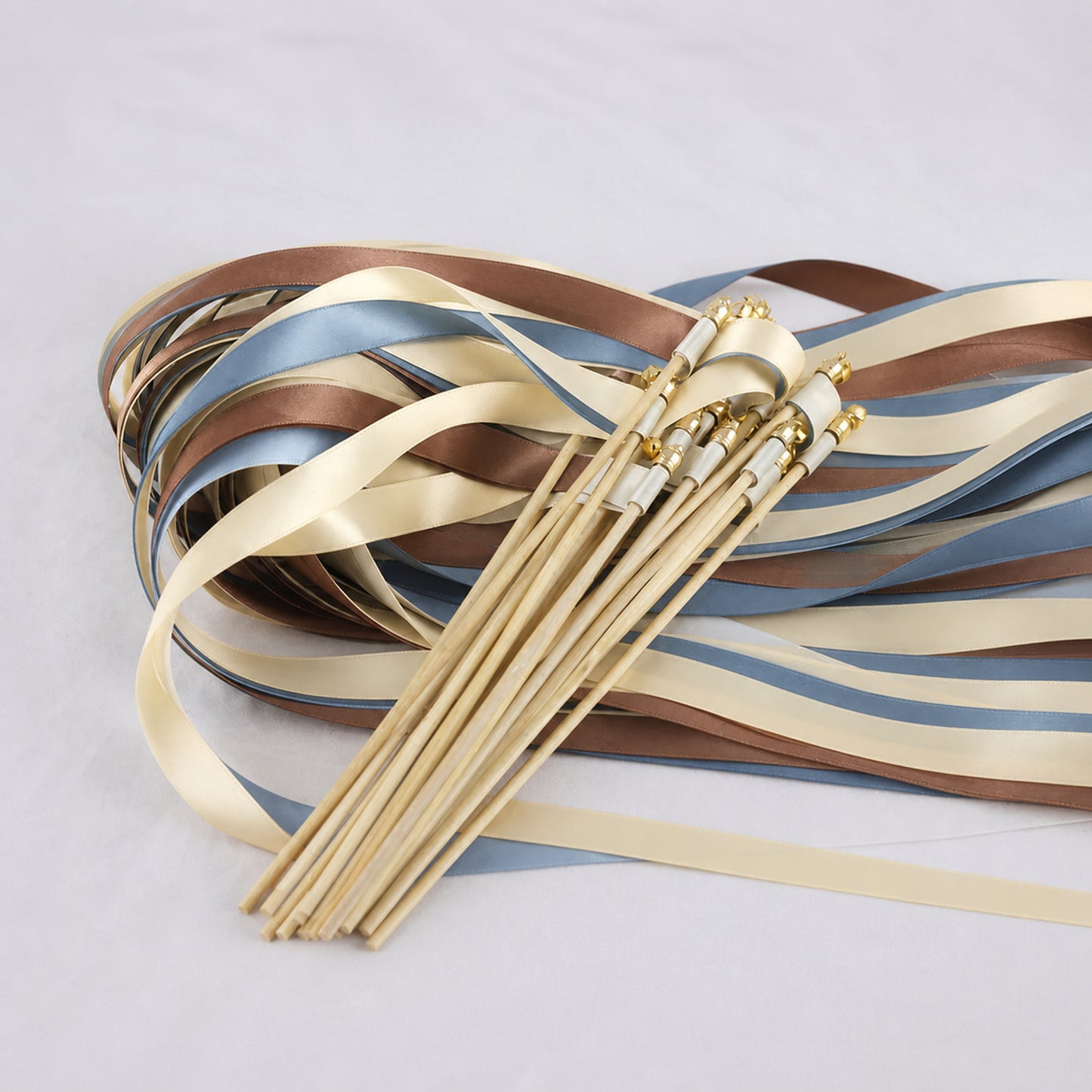 Cream, Cocoa and Dusty Blue Wedding Exit Ribbon Wands with Bell - Blue Cocoa
