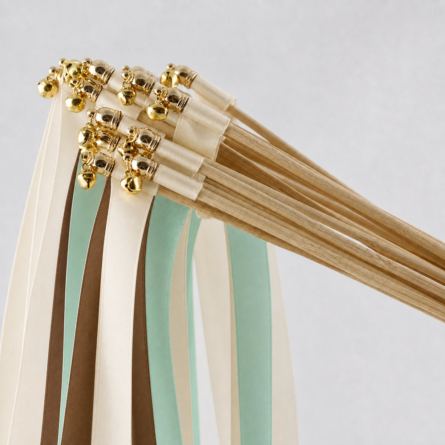 Handmade Rustic Garden Wedding Ribbon Wands - Ivory, Cocoa and Mint with Bell