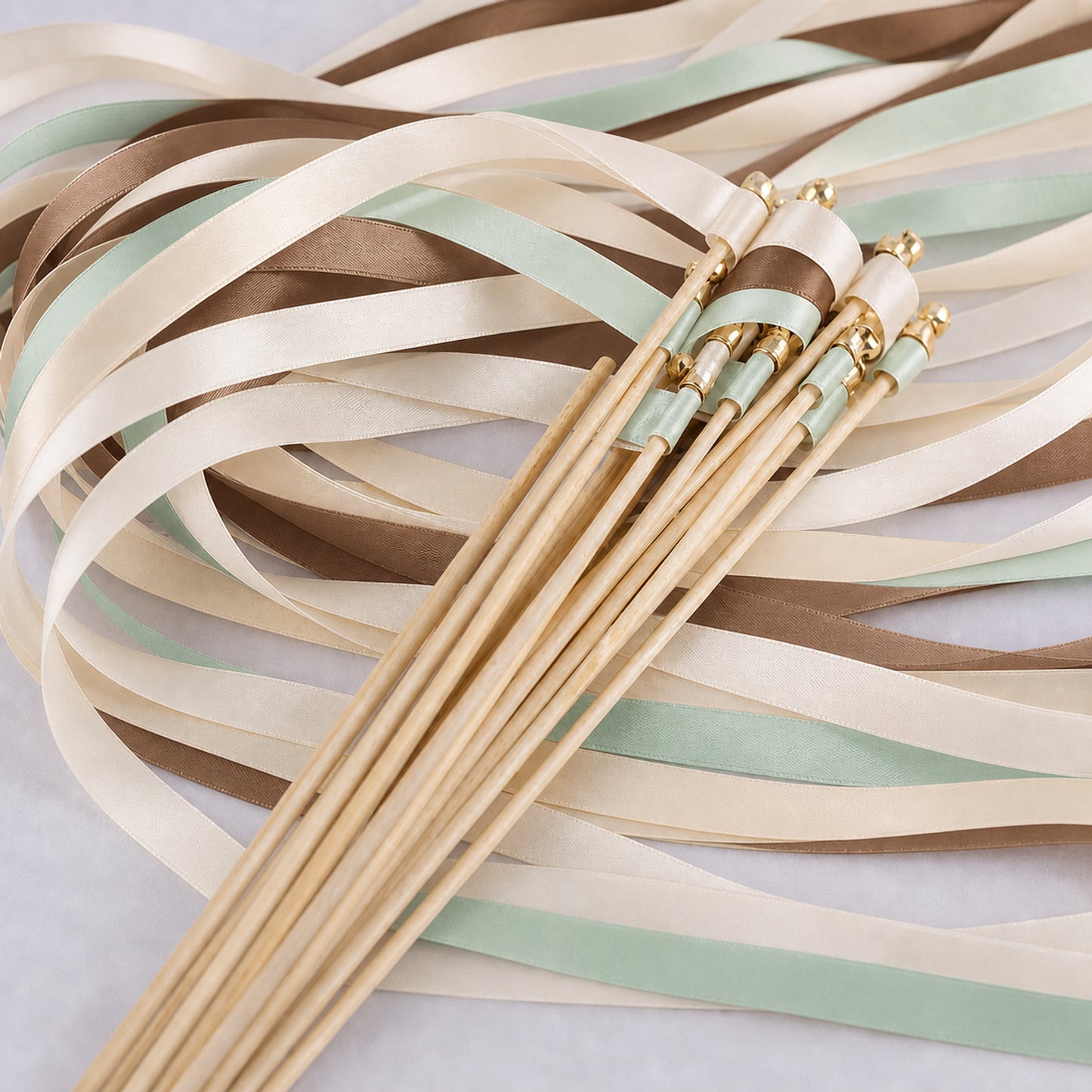 Handmade Rustic Garden Wedding Ribbon Wands - Ivory, Cocoa and Mint with Bell