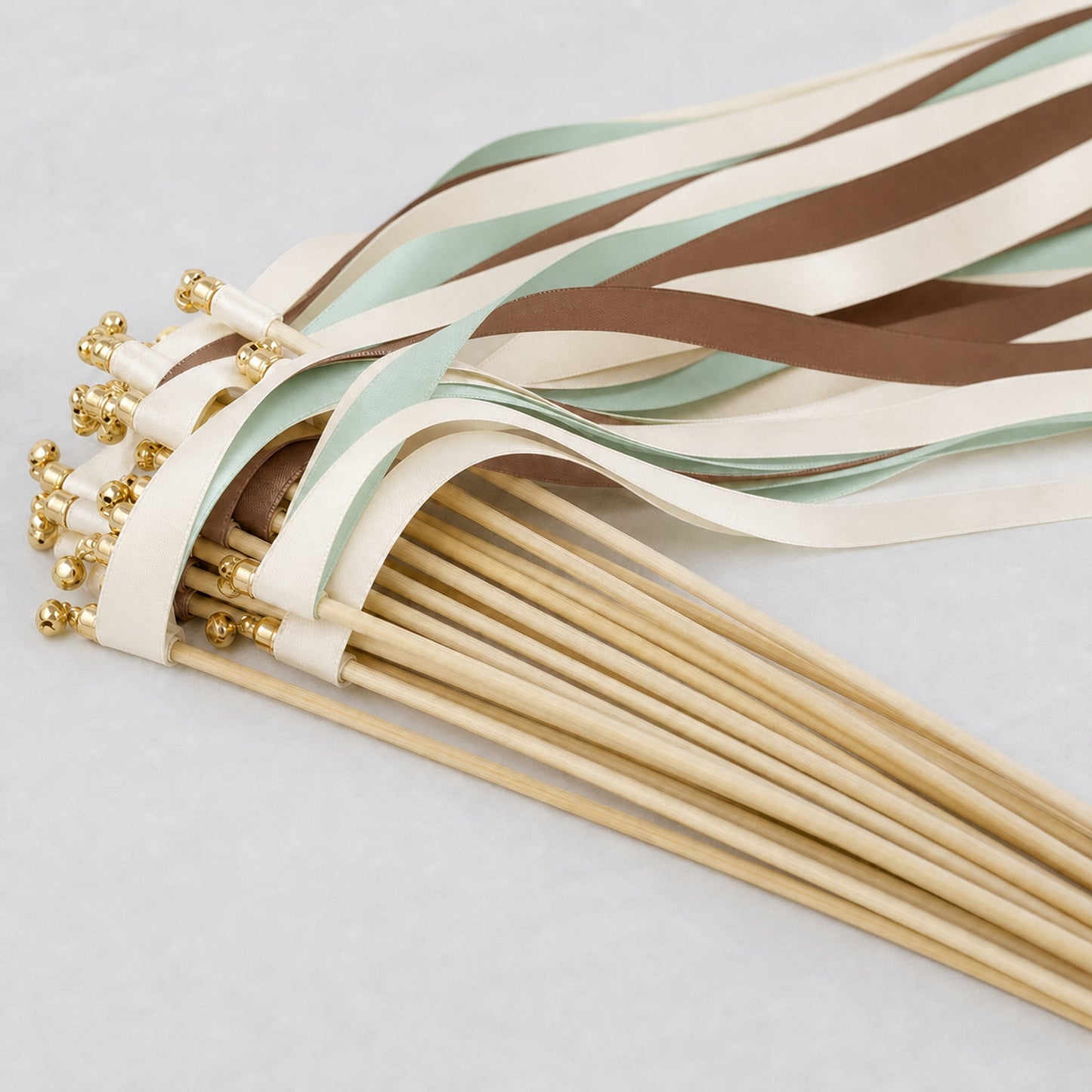 Handmade Rustic Garden Wedding Ribbon Wands - Ivory, Cocoa and Mint with Bell