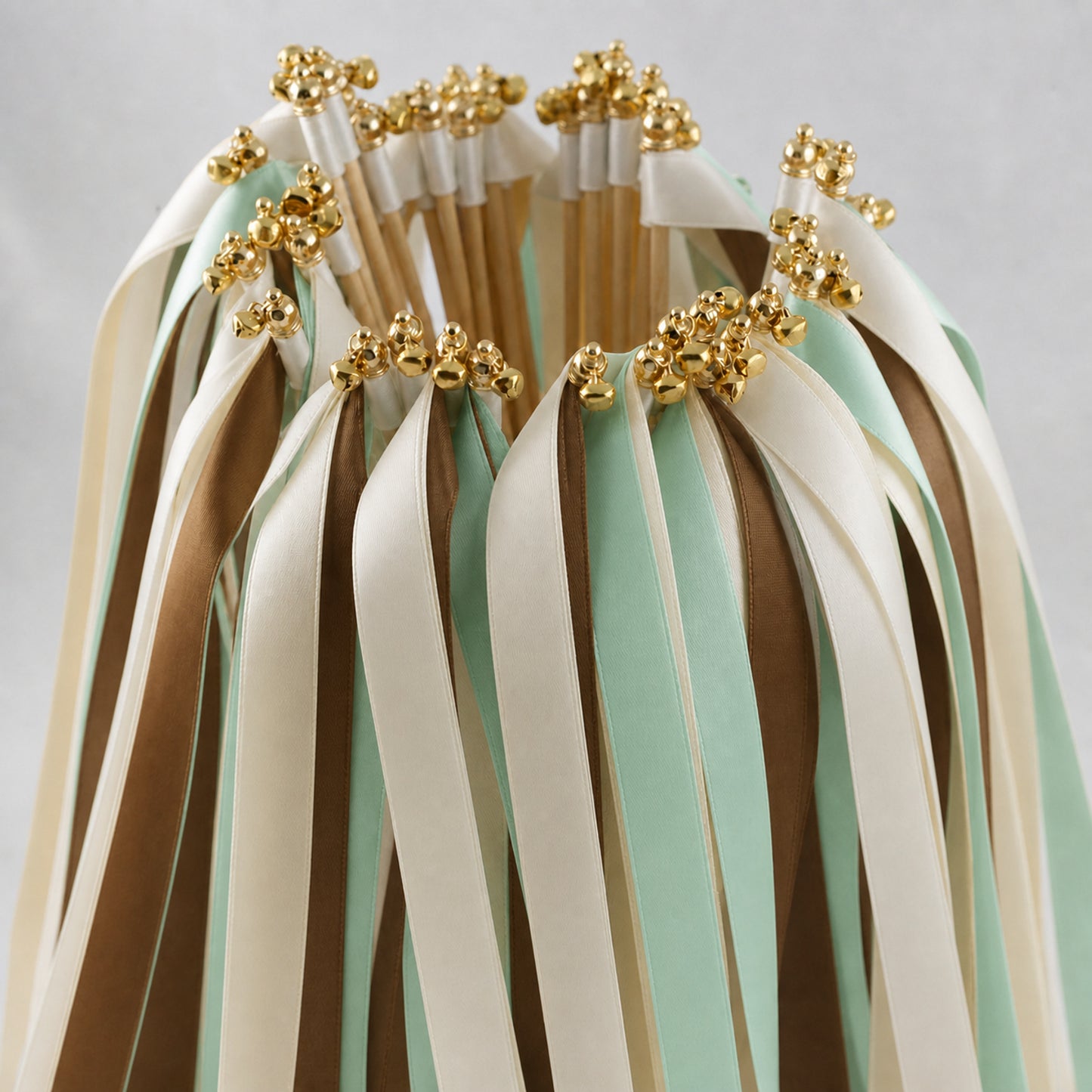 Handmade Rustic Garden Wedding Ribbon Wands - Ivory, Cocoa and Mint with Bell