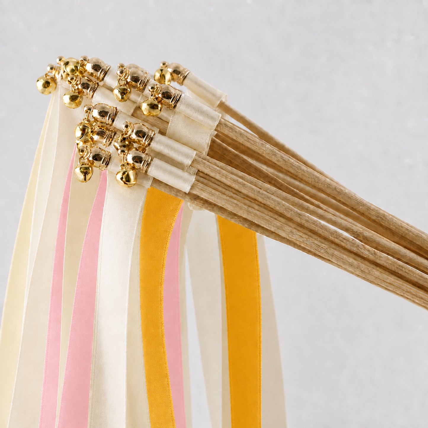 Sunlit Garden Wedding Ribbon Wands with Bell - Ivory, Coral Pink and Golden Yellow