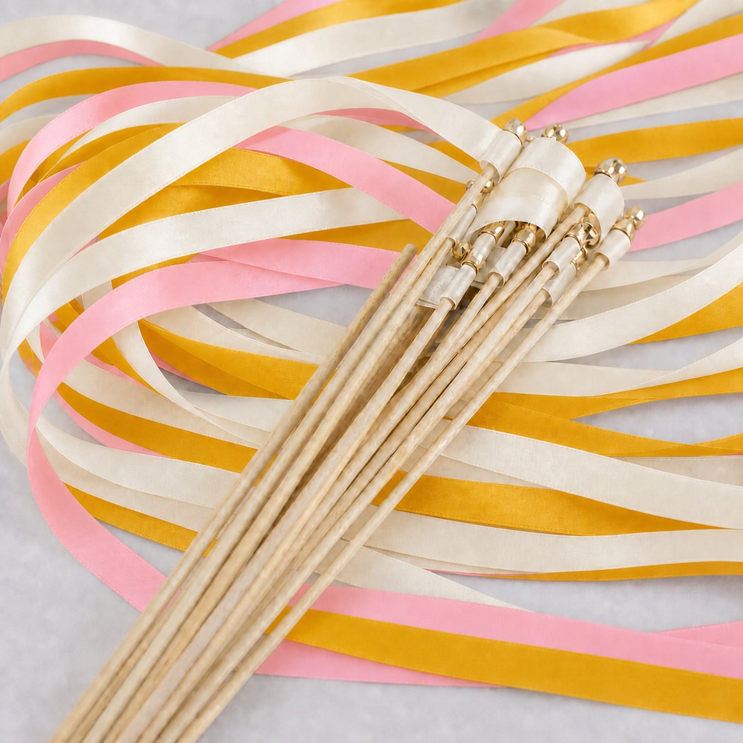 Sunlit Garden Wedding Ribbon Wands with Bell - Ivory, Coral Pink and Golden Yellow