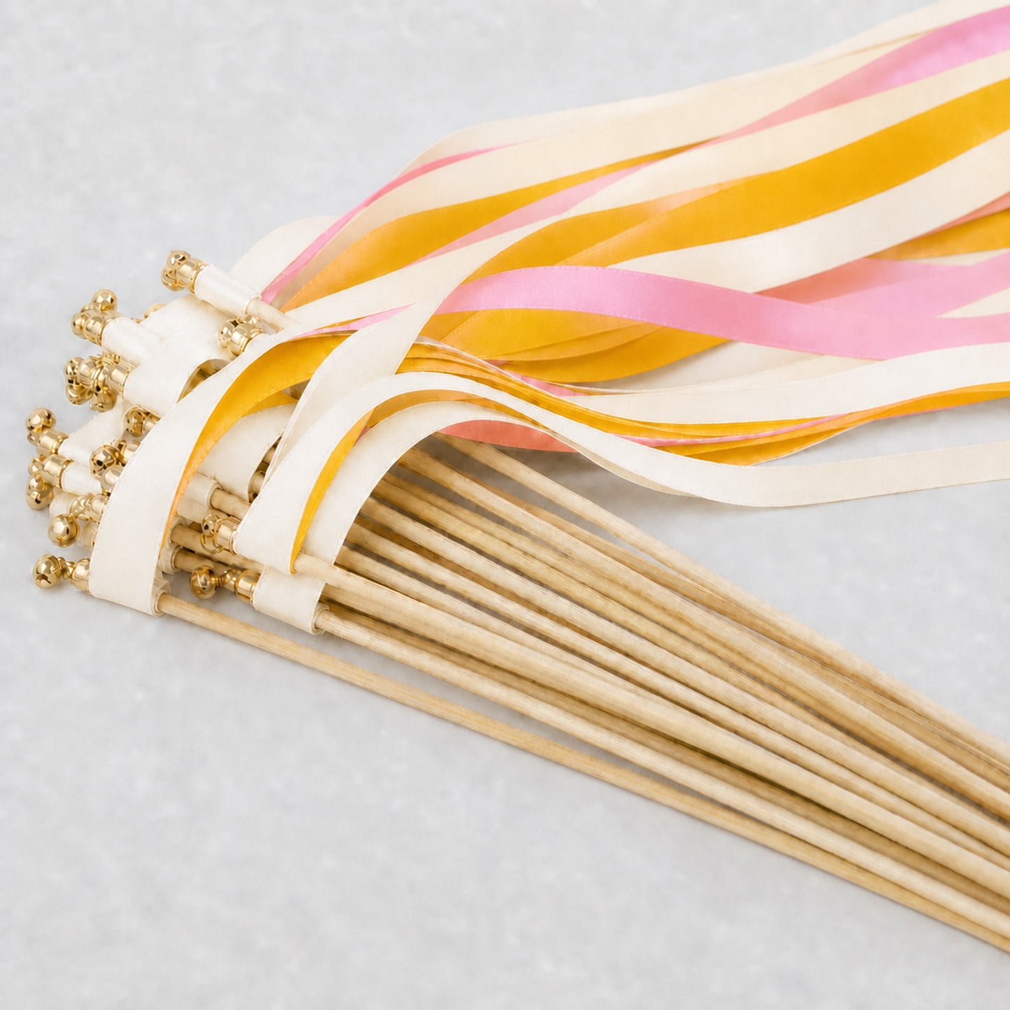 Sunlit Garden Wedding Ribbon Wands with Bell - Ivory, Coral Pink and Golden Yellow