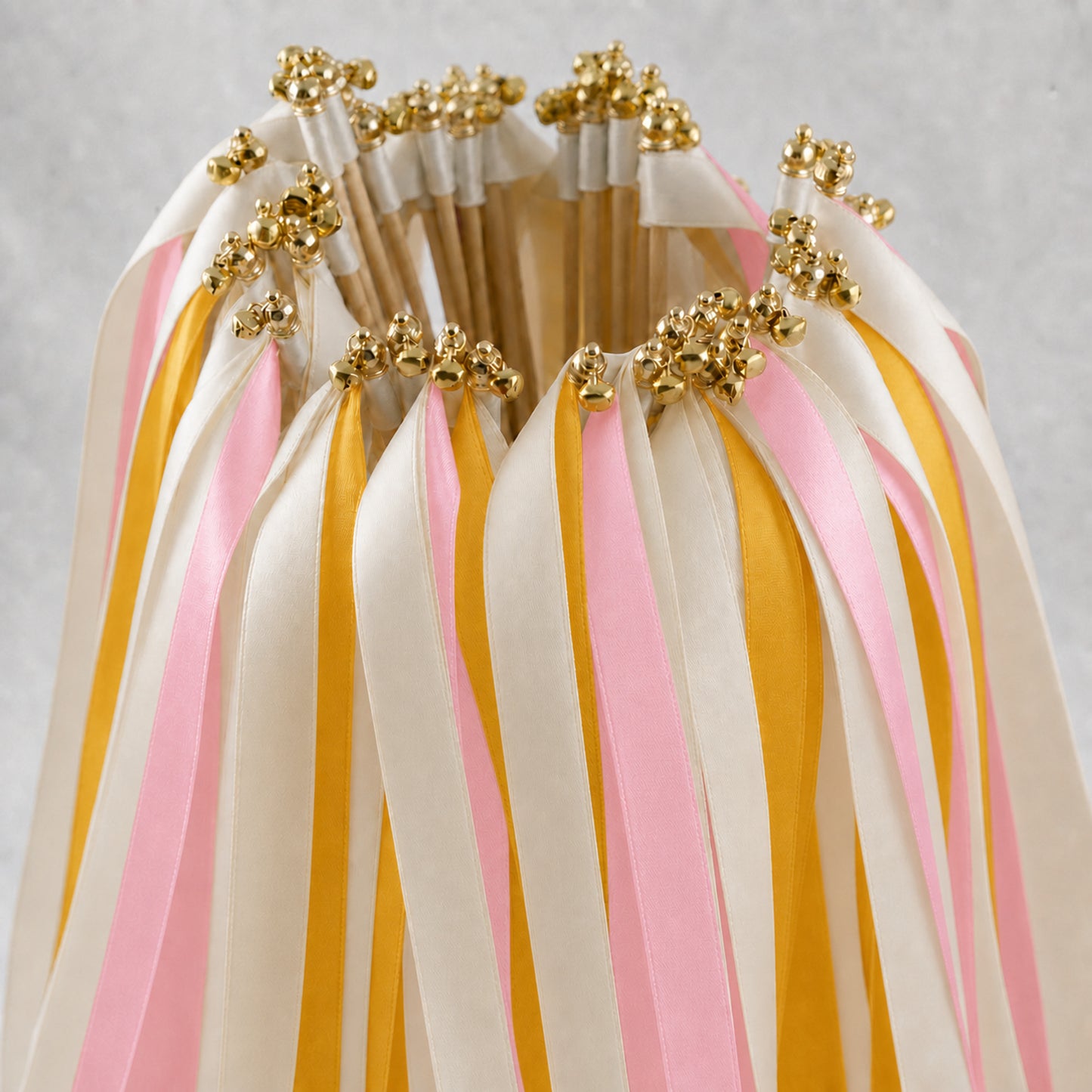 Sunlit Garden Wedding Ribbon Wands with Bell - Ivory, Coral Pink and Golden Yellow