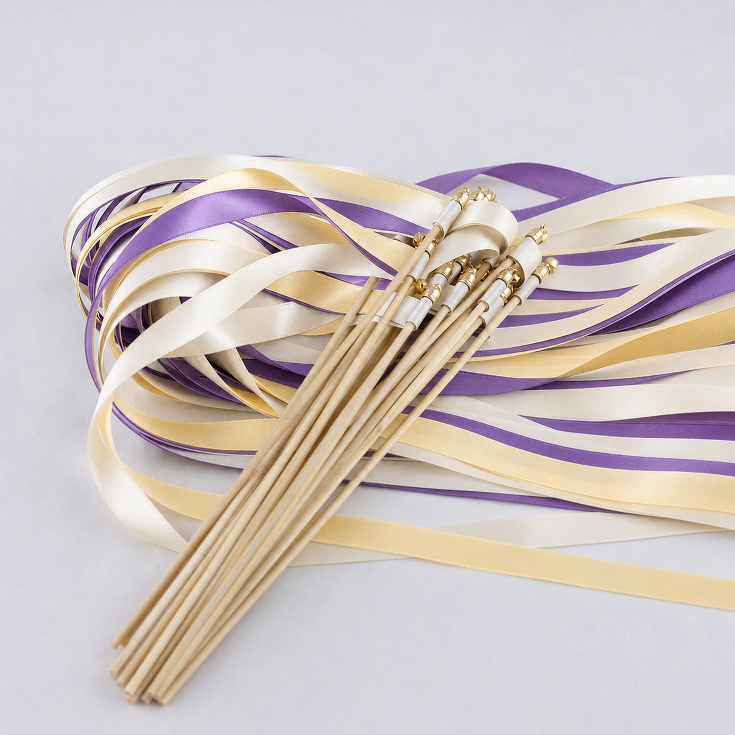 Purple Maize Wedding Send-Off Wands - Triple Satin Ribbon in Ivory, Purple and Baby Maize