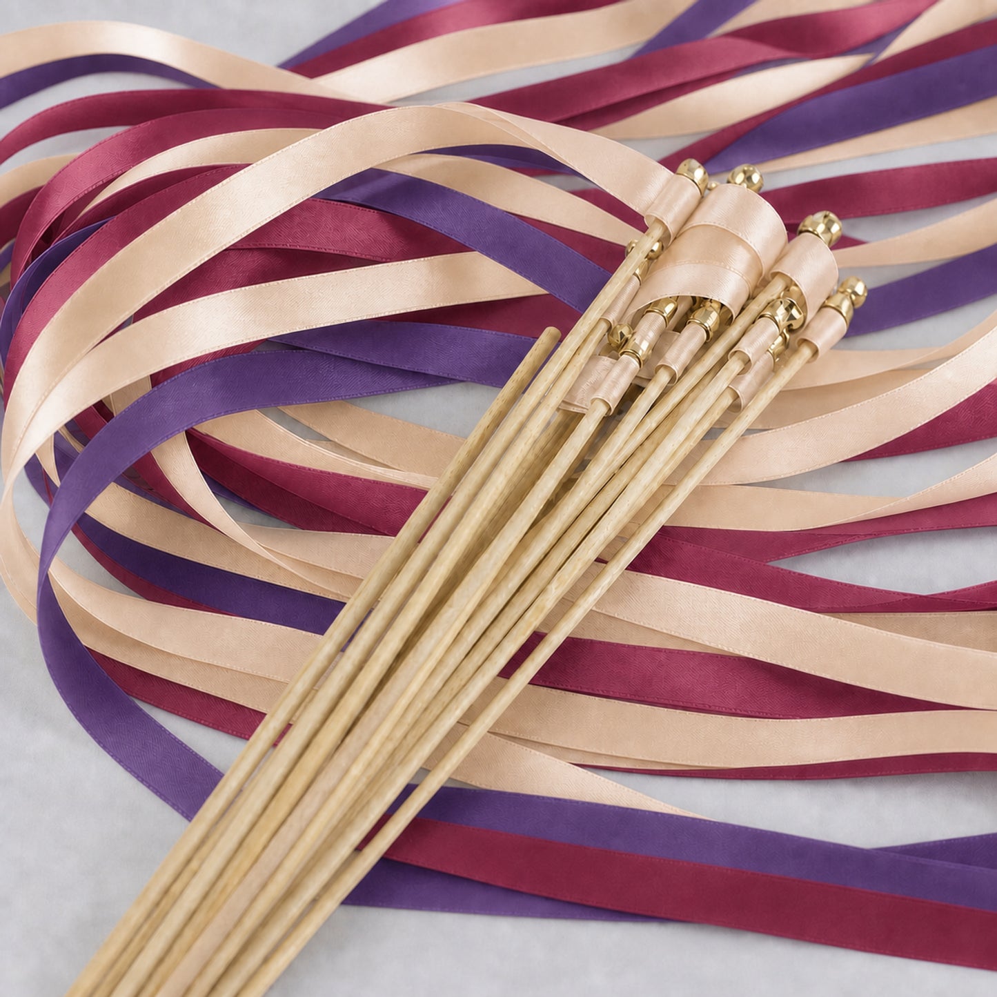 Amethyst Rose Wedding Ribbon Wands with Bell - Nude, Amethyst and Rosewood