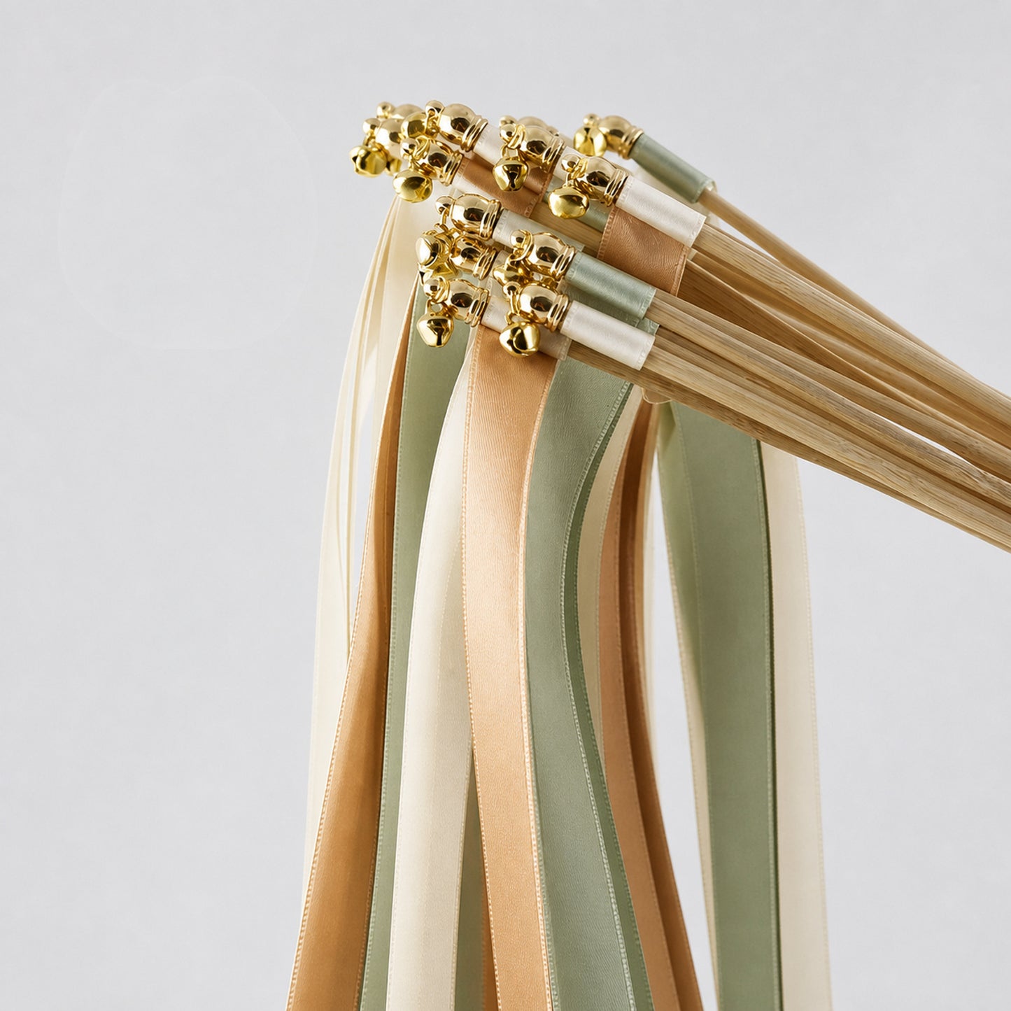 Seamist Latte Wedding Ribbon Wands with Bell - Off White, Toffee and Seamist