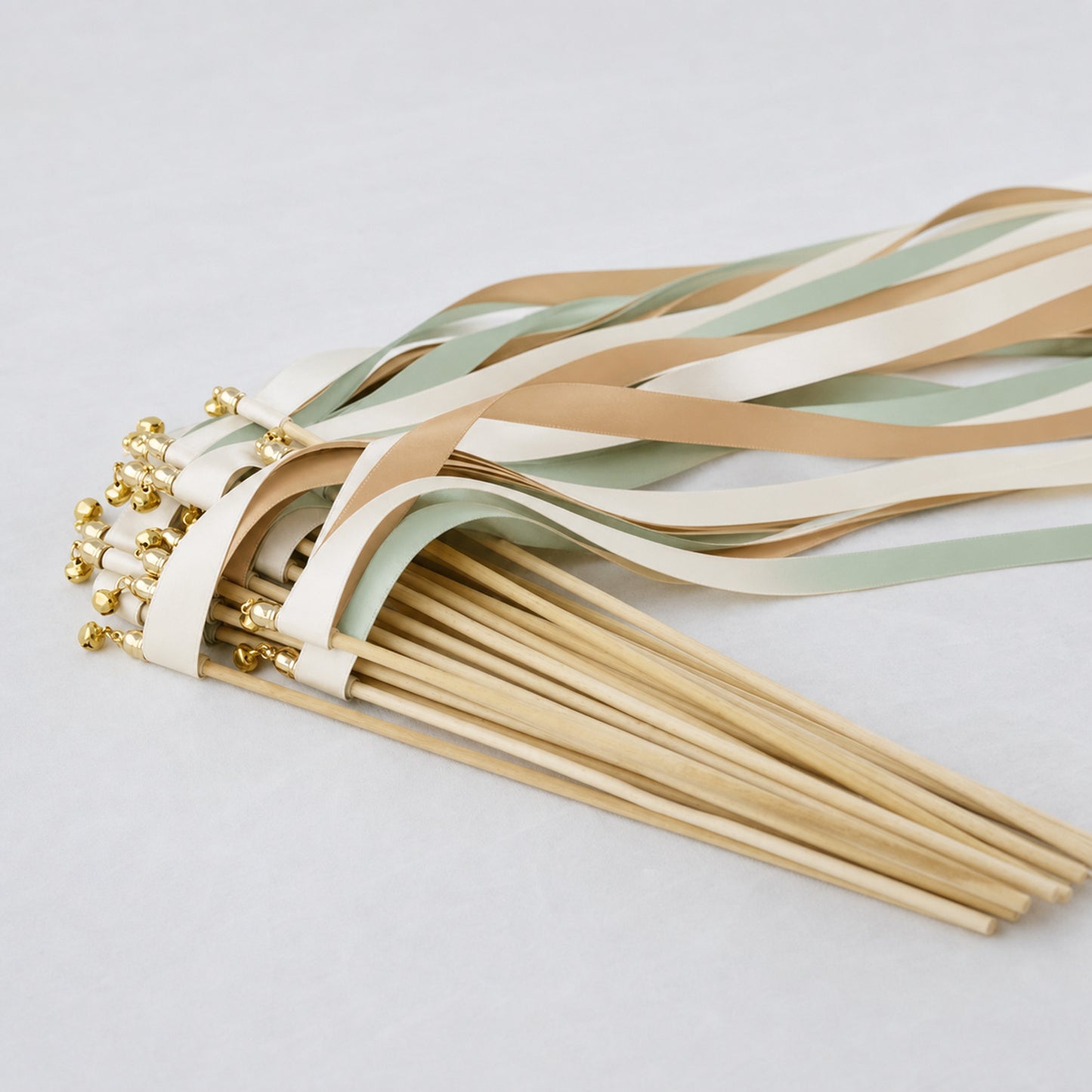 Seamist Latte Wedding Ribbon Wands with Bell - Off White, Toffee and Seamist