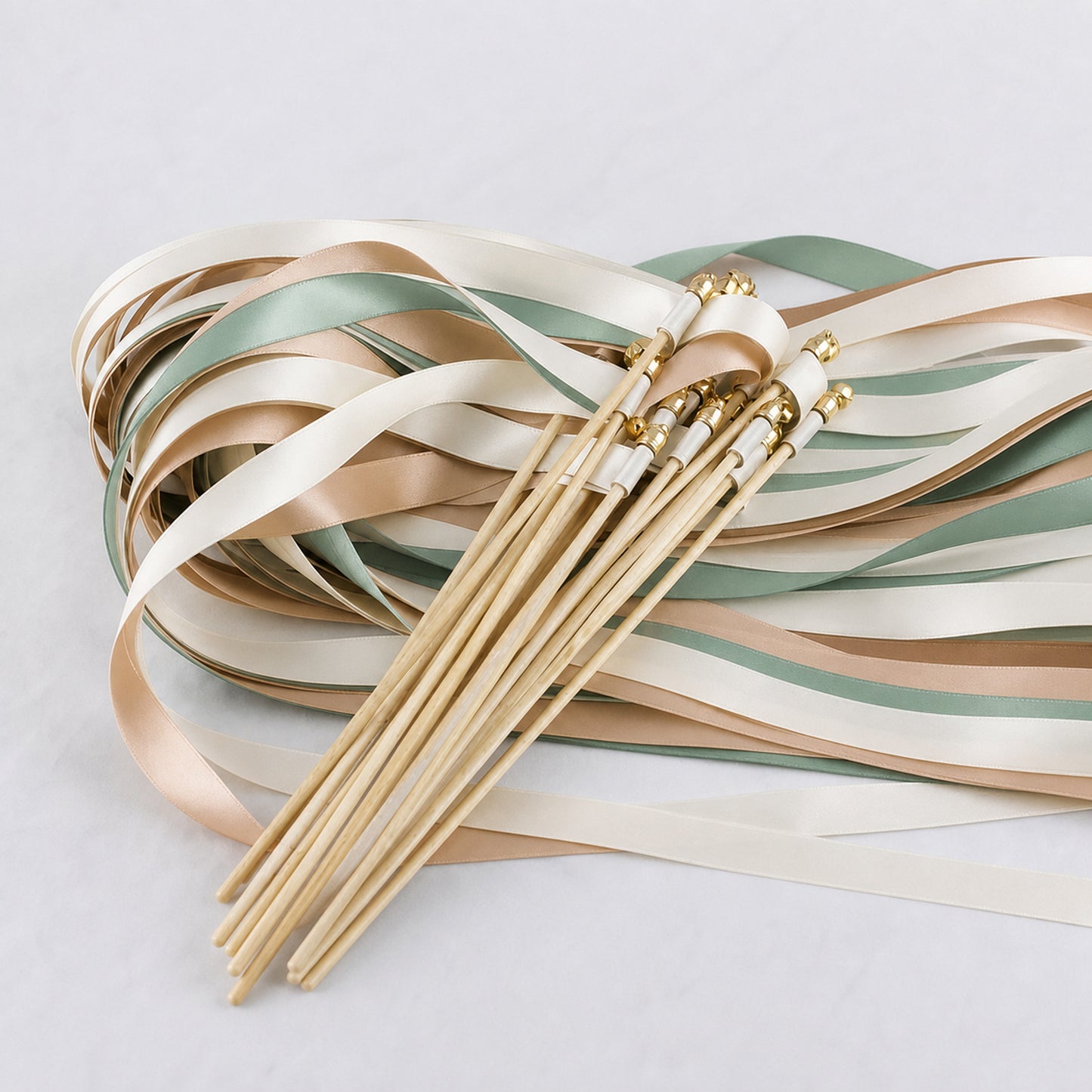 Seamist Latte Wedding Ribbon Wands with Bell - Off White, Toffee and Seamist