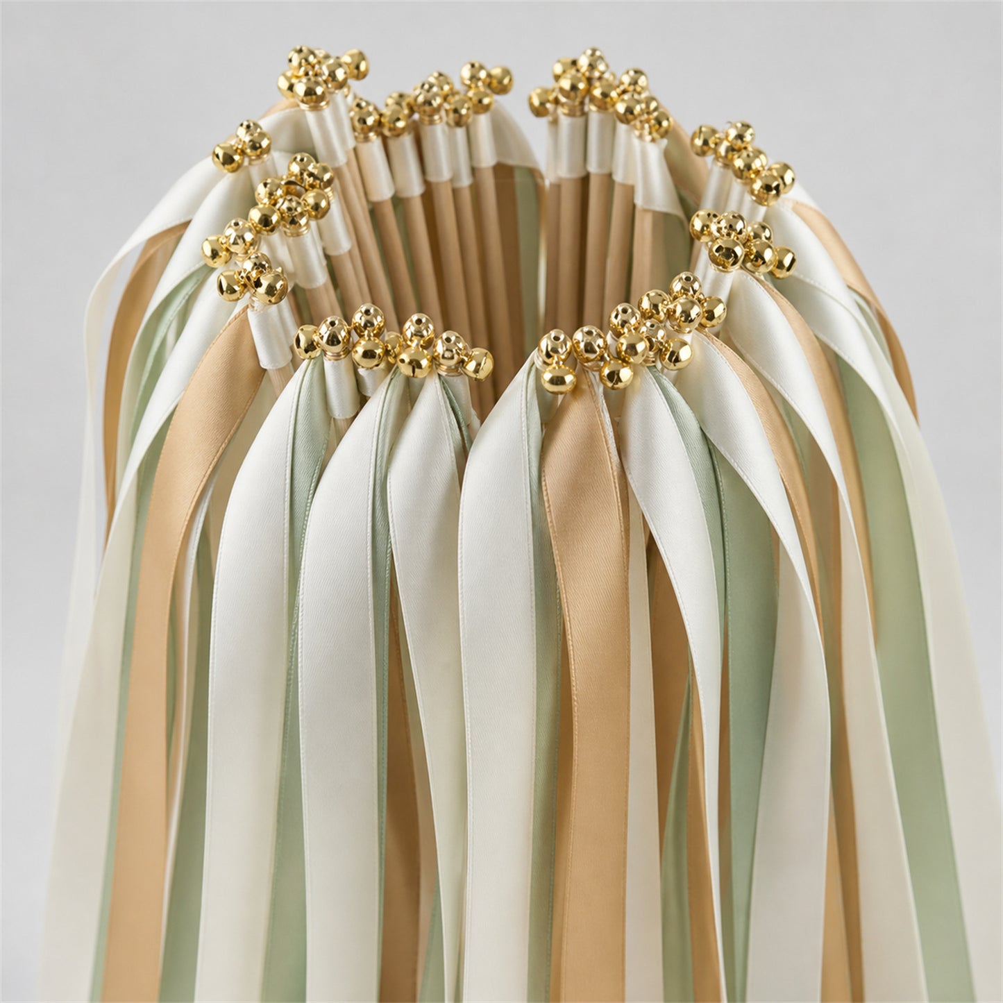 Seamist Latte Wedding Ribbon Wands with Bell - Off White, Toffee and Seamist