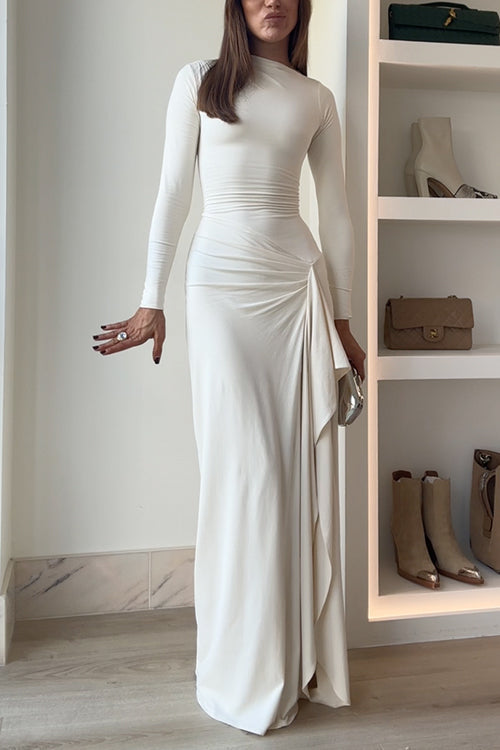 Blanc™ - Long Sleeves Draped Slit Maxi Party Dress