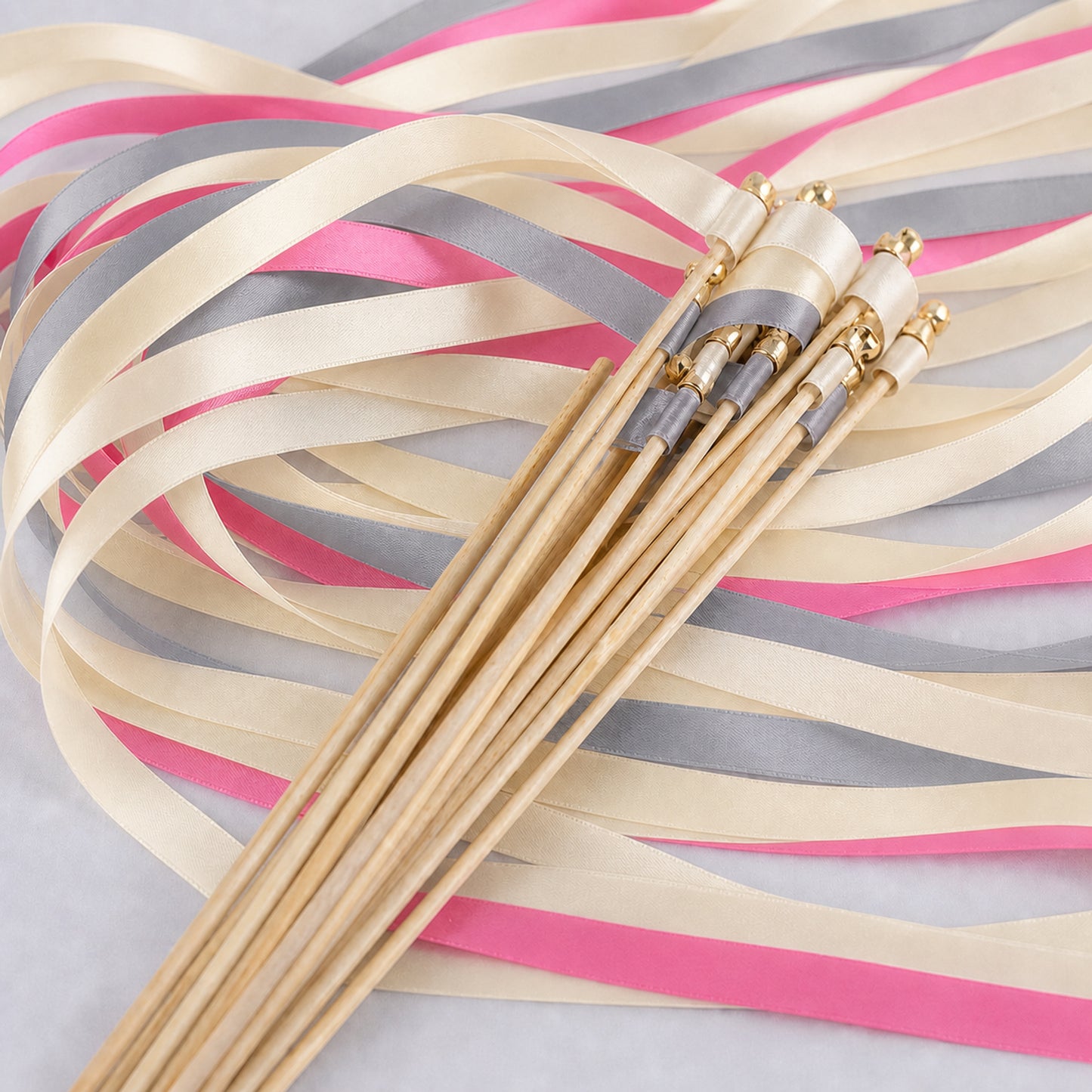 Handmade Fashion-Forward Wedding Ribbon Wands - Cream, Gray and Hot Pink with Bell