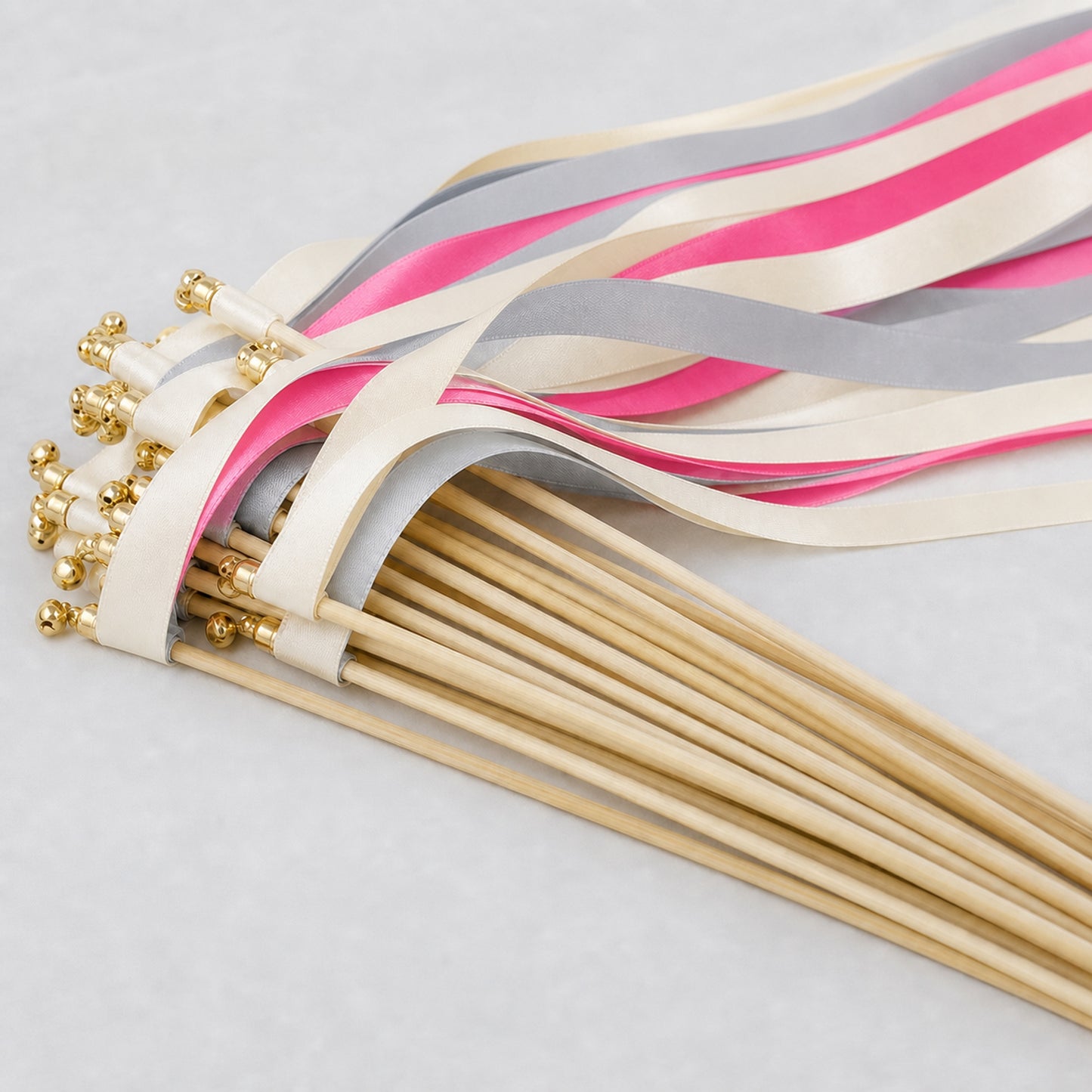 Handmade Fashion-Forward Wedding Ribbon Wands - Cream, Gray and Hot Pink with Bell