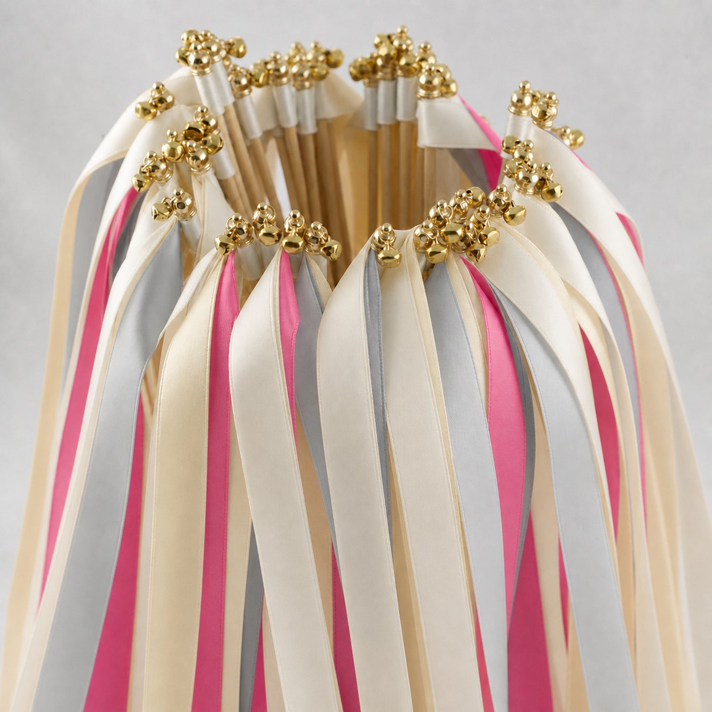 Handmade Fashion-Forward Wedding Ribbon Wands - Cream, Gray and Hot Pink with Bell