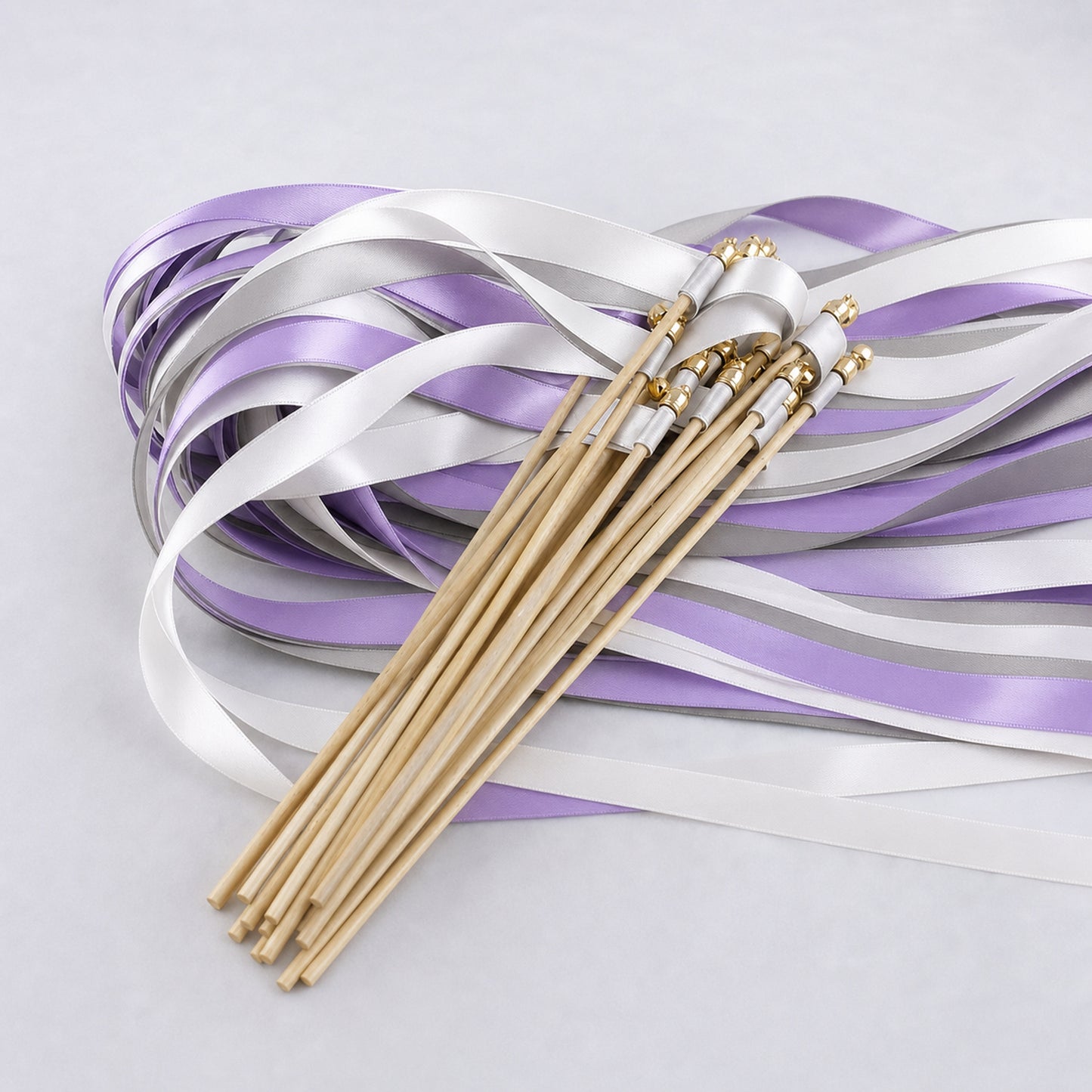 Handmade White, Amethyst and Shell Gray Wedding Ribbon Wands with Bell - Amethyst Moonlight