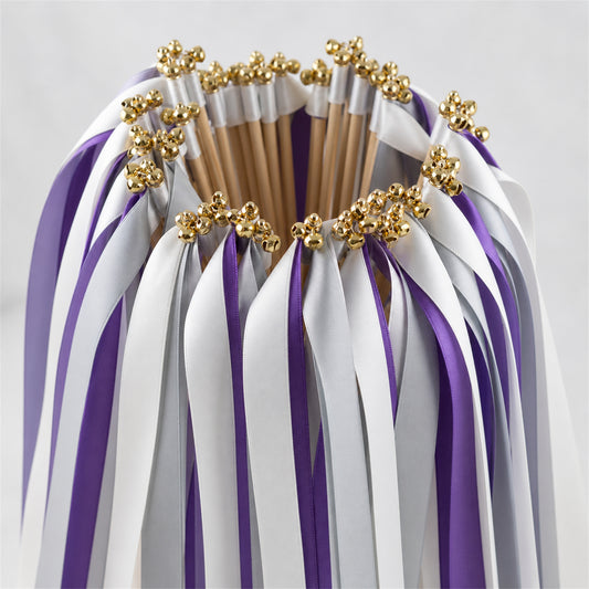 Handmade White, Amethyst and Shell Gray Wedding Ribbon Wands with Bell - Amethyst Moonlight
