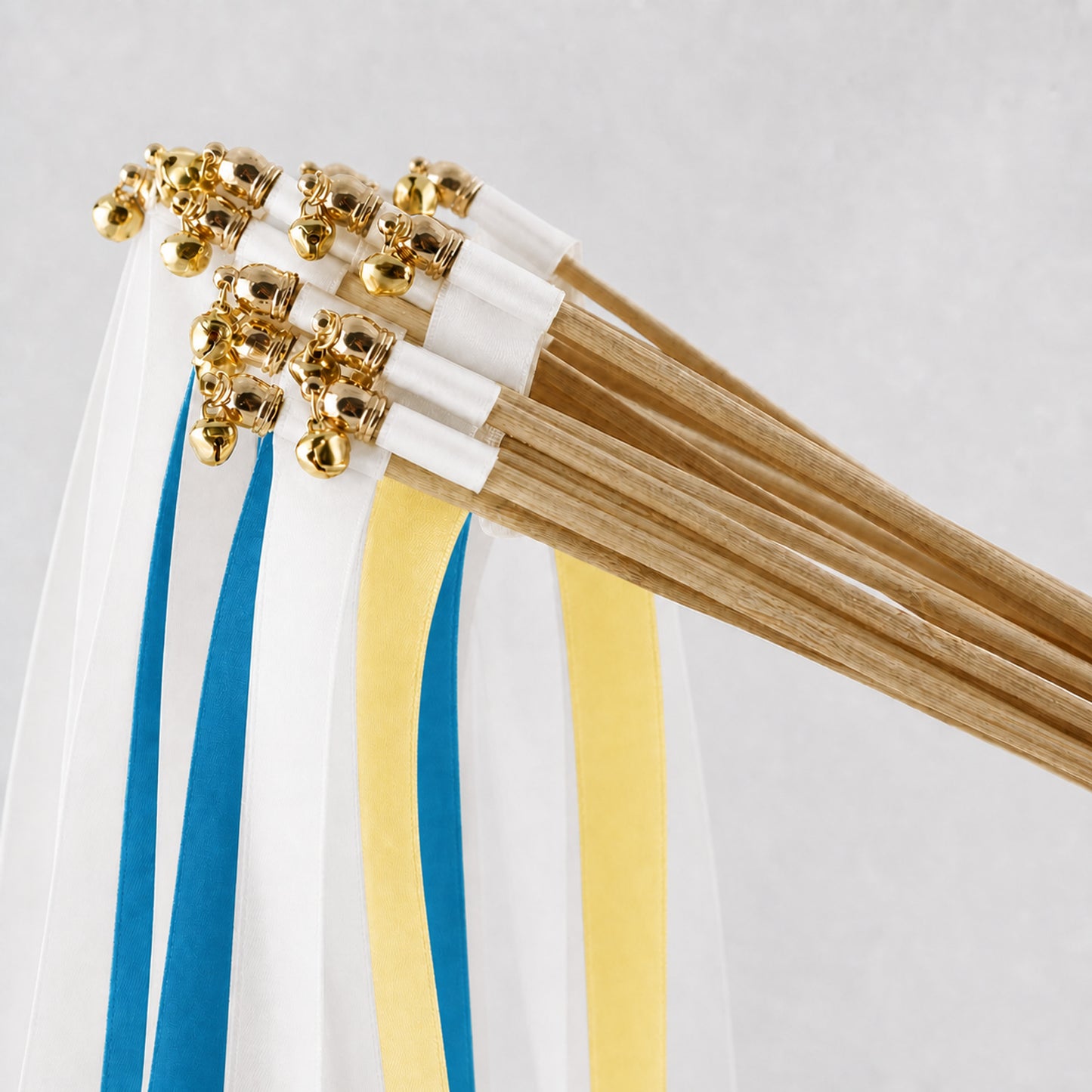 Coastal Wedding Ribbon Wands - White, Ocean Blue and Baby Maize with Bell