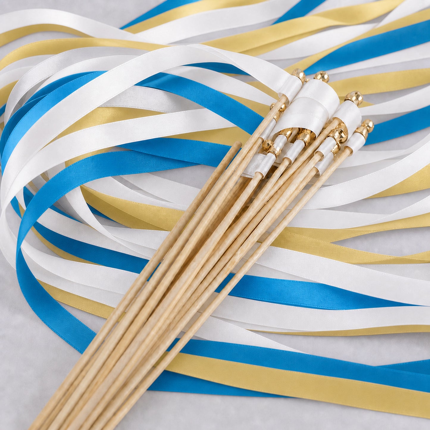 Coastal Wedding Ribbon Wands - White, Ocean Blue and Baby Maize with Bell