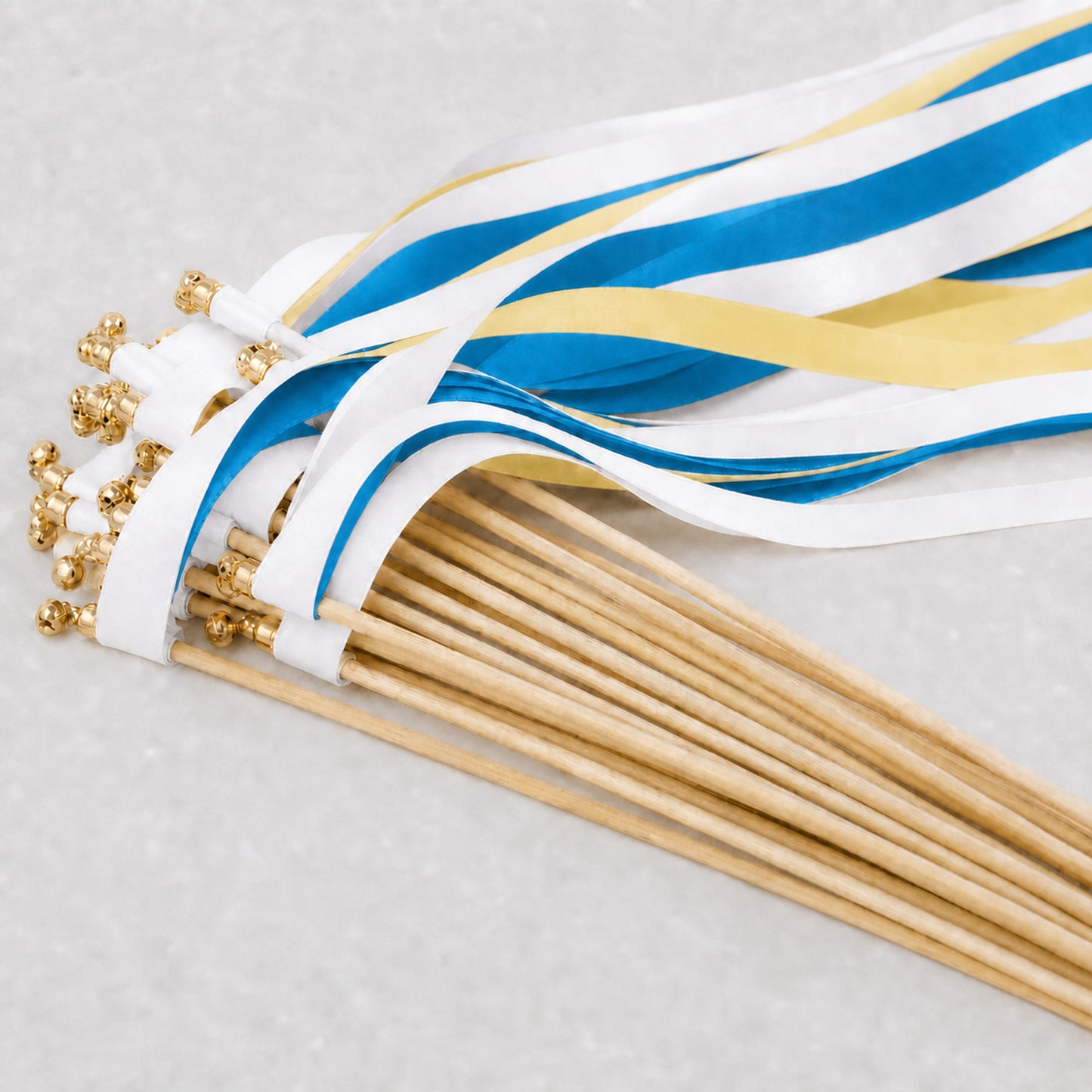 Coastal Wedding Ribbon Wands - White, Ocean Blue and Baby Maize with Bell