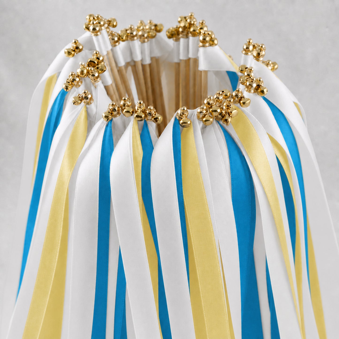 Coastal Wedding Ribbon Wands - White, Ocean Blue and Baby Maize with Bell