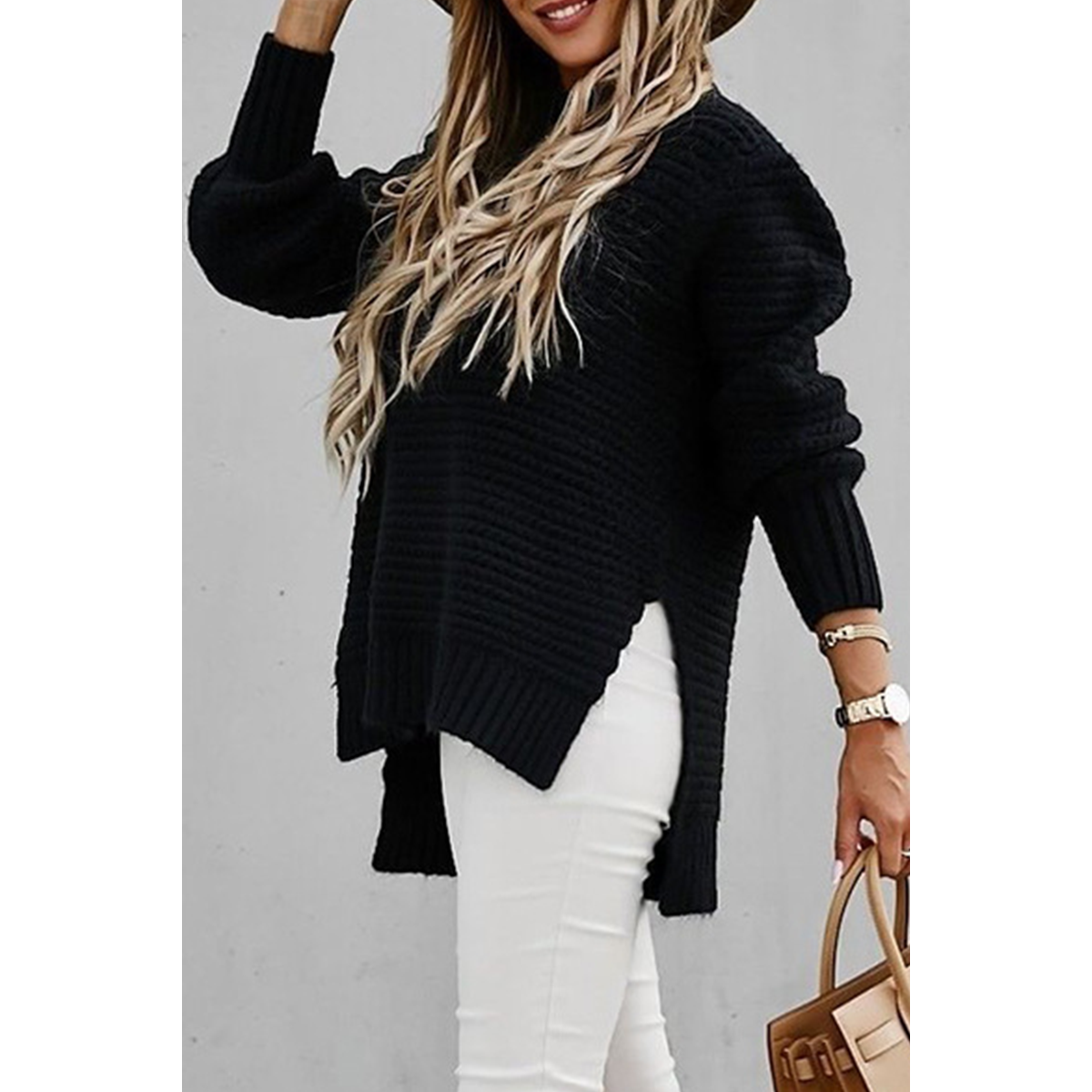 Casual Round Neck Solid Color Cute Sweater