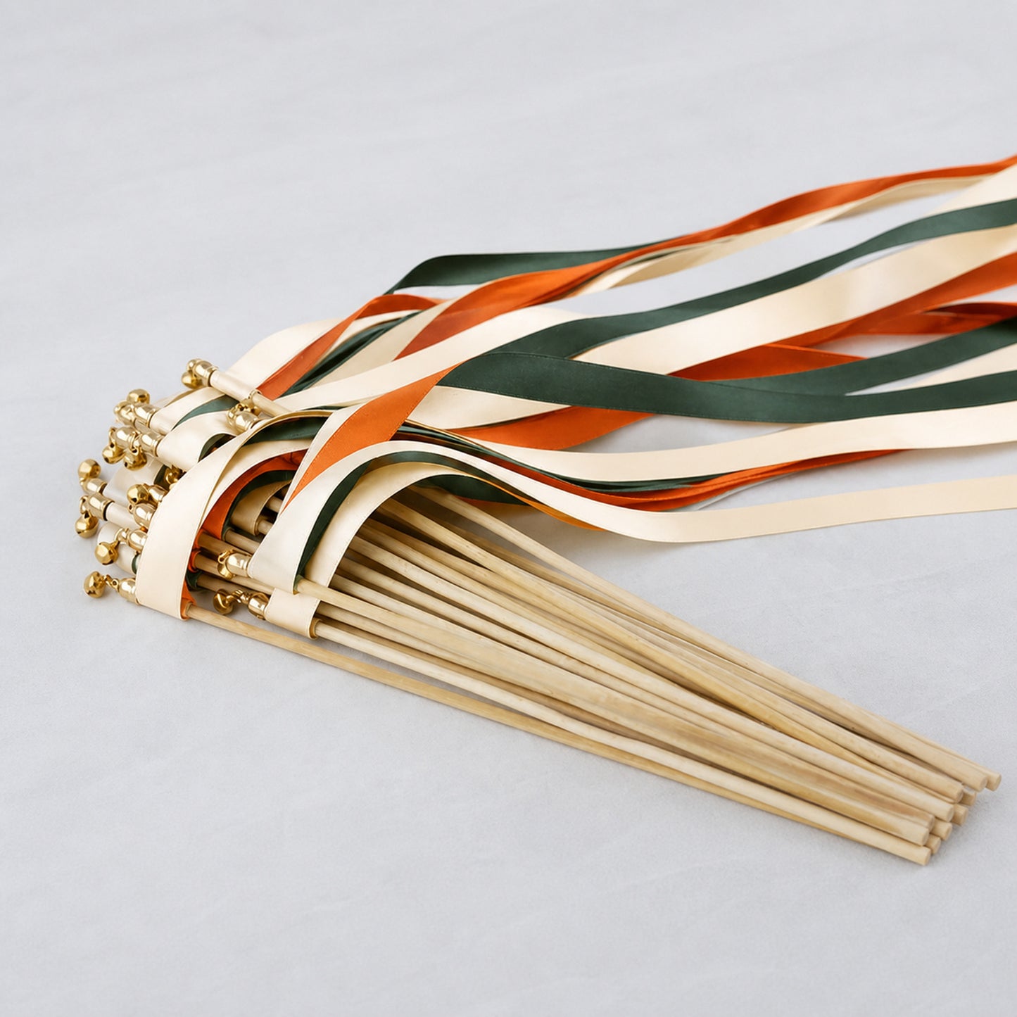 Forest Ember Wedding Send-Off Wands - Triple Satin Ribbon in Cream, Hunter and Burnt Orange