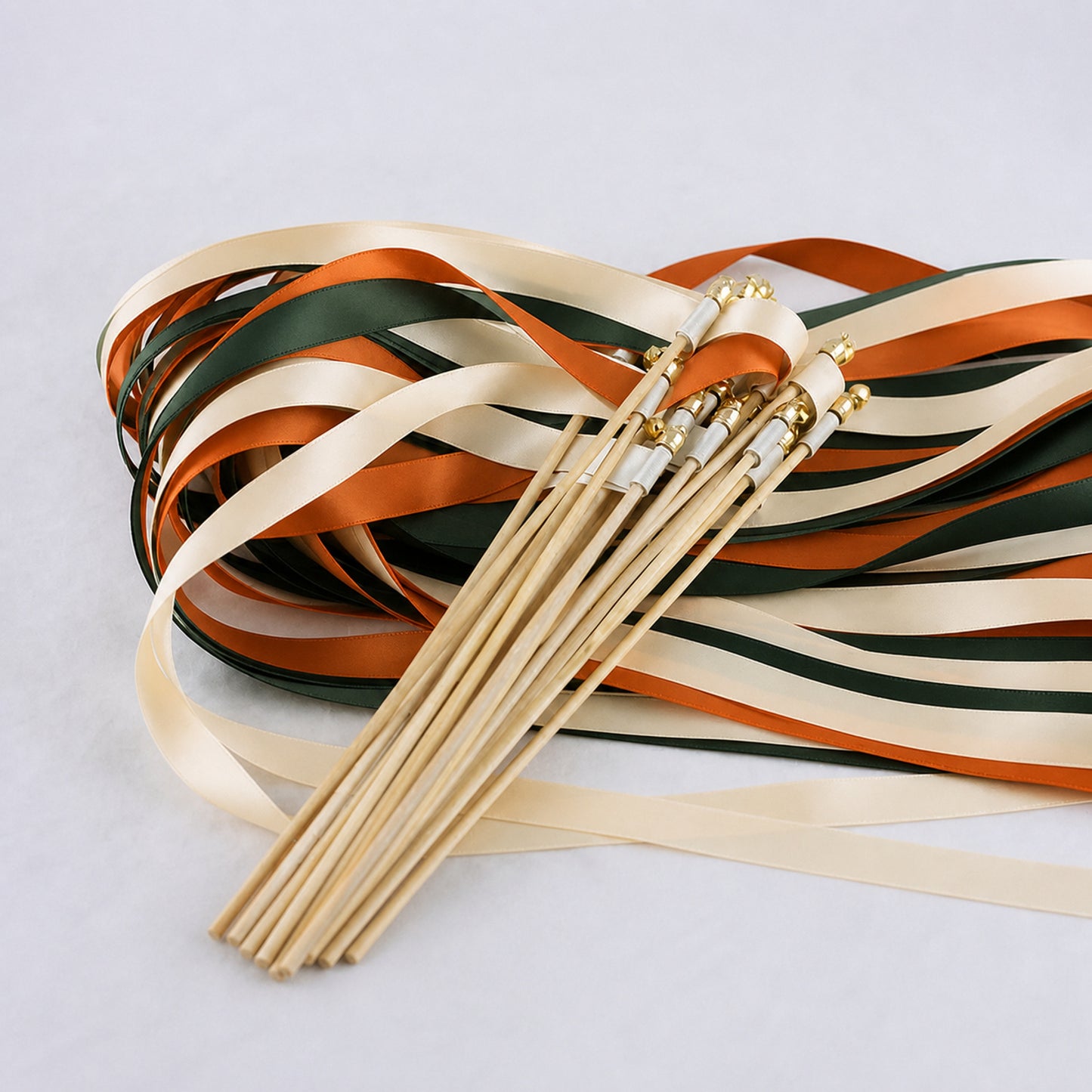 Forest Ember Wedding Send-Off Wands - Triple Satin Ribbon in Cream, Hunter and Burnt Orange