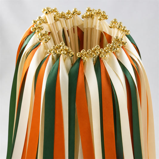 Forest Ember Wedding Send-Off Wands - Triple Satin Ribbon in Cream, Hunter and Burnt Orange