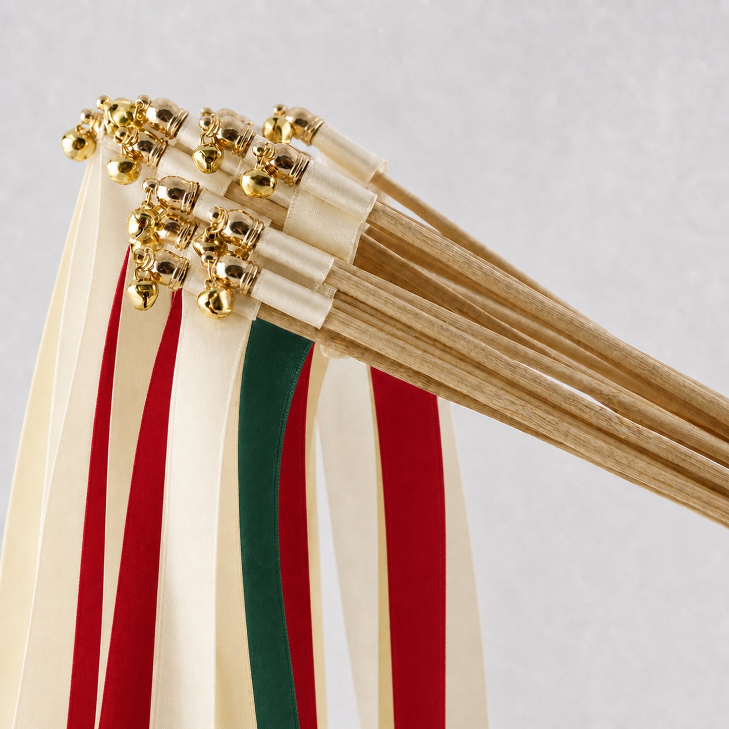 Winter Wedding Ribbon Wands with Bell - Cream, Red and Hunter Green Satin Streamers