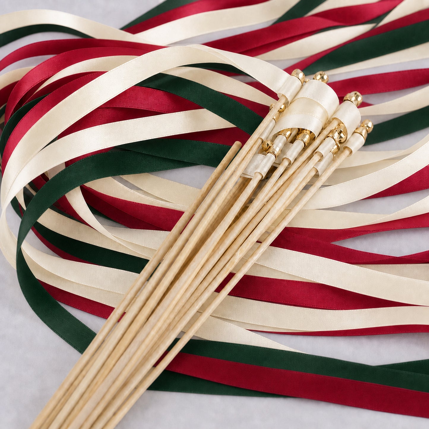 Winter Wedding Ribbon Wands with Bell - Cream, Red and Hunter Green Satin Streamers