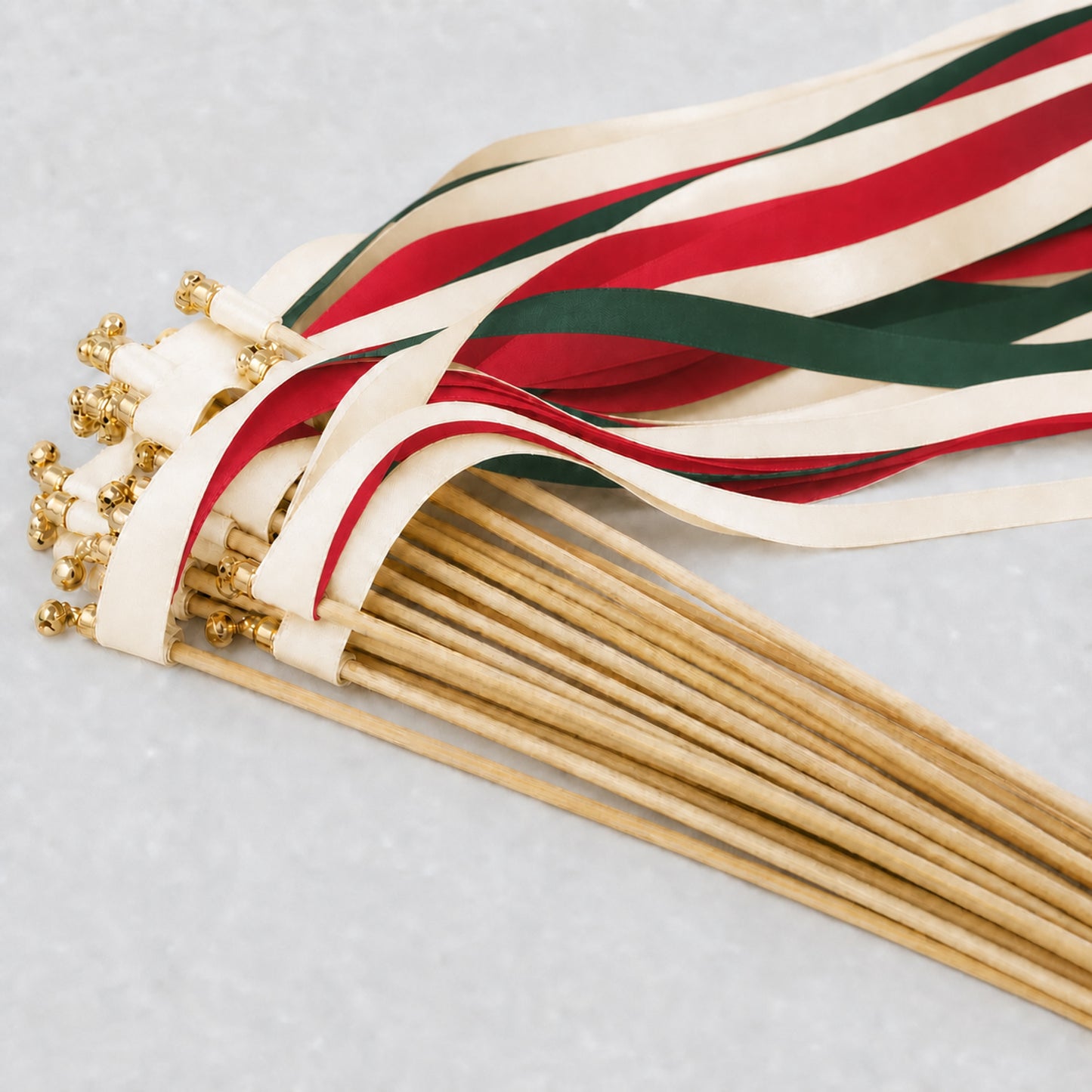 Winter Wedding Ribbon Wands with Bell - Cream, Red and Hunter Green Satin Streamers