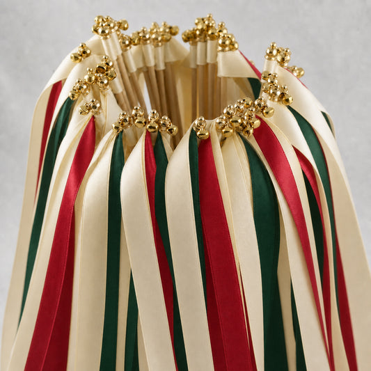Winter Wedding Ribbon Wands with Bell - Cream, Red and Hunter Green Satin Streamers
