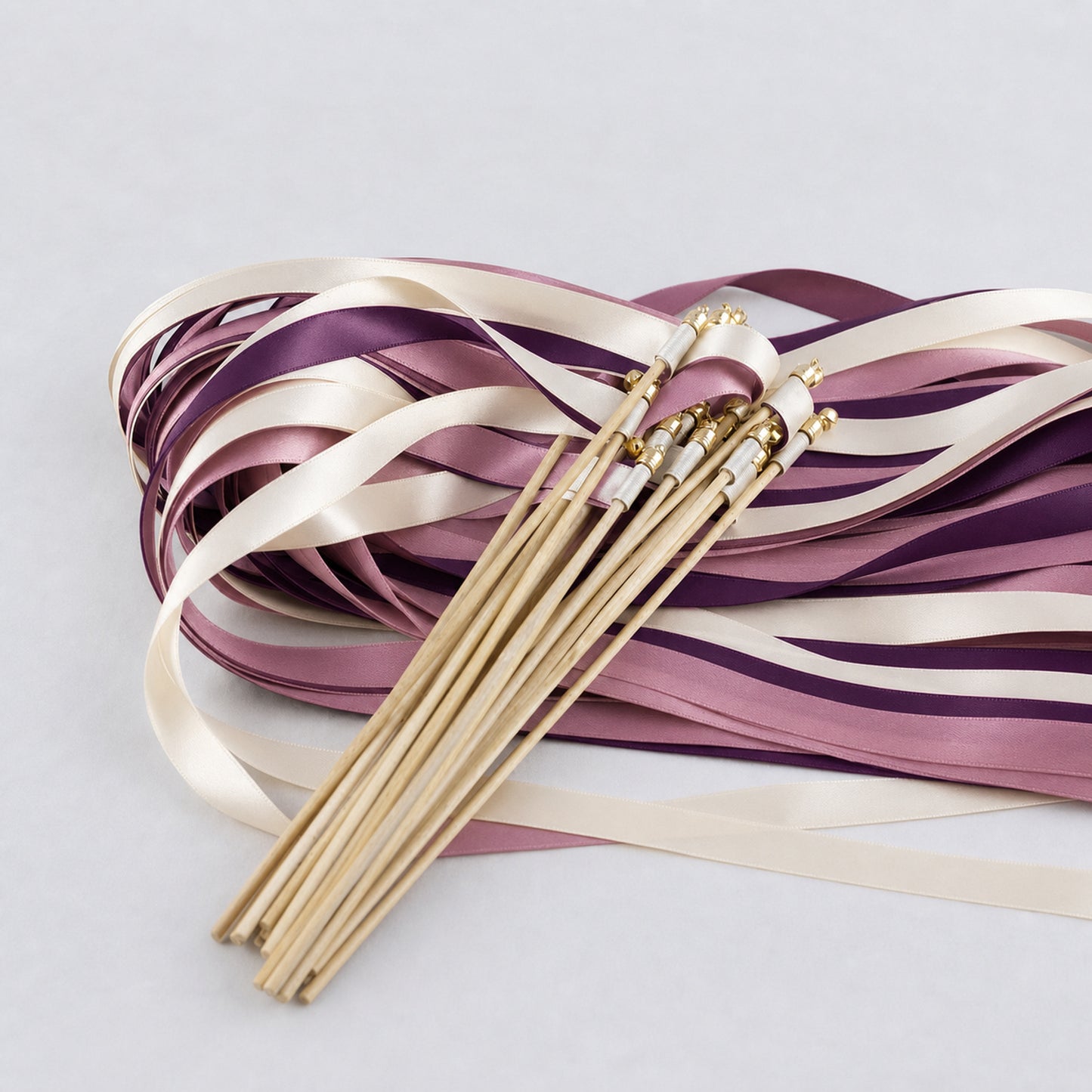 Plum Heirloom Ribbon Wedding Wands - Ivory, Plum and Antique Mauve Triple Ribbon and Bell