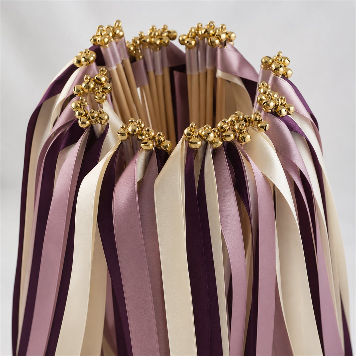 Plum Heirloom Ribbon Wedding Wands - Ivory, Plum and Antique Mauve Triple Ribbon and Bell