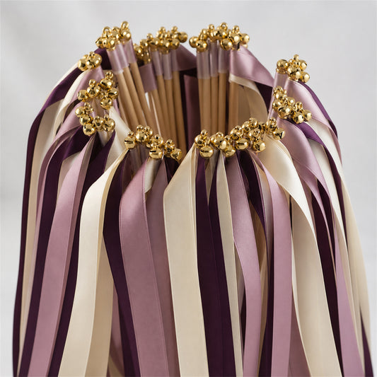 Plum Heirloom Ribbon Wedding Wands - Ivory, Plum and Antique Mauve Triple Ribbon and Bell