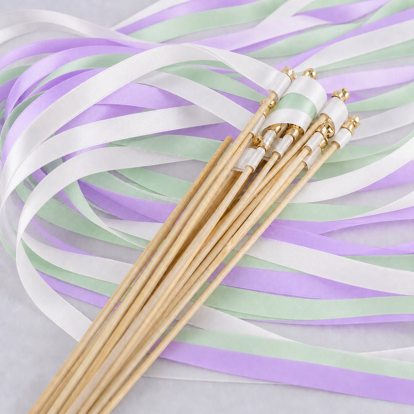 Handmade Orchid Sea Glass Wedding Wands with Bell - White, Orchid and Seamist Ribbons